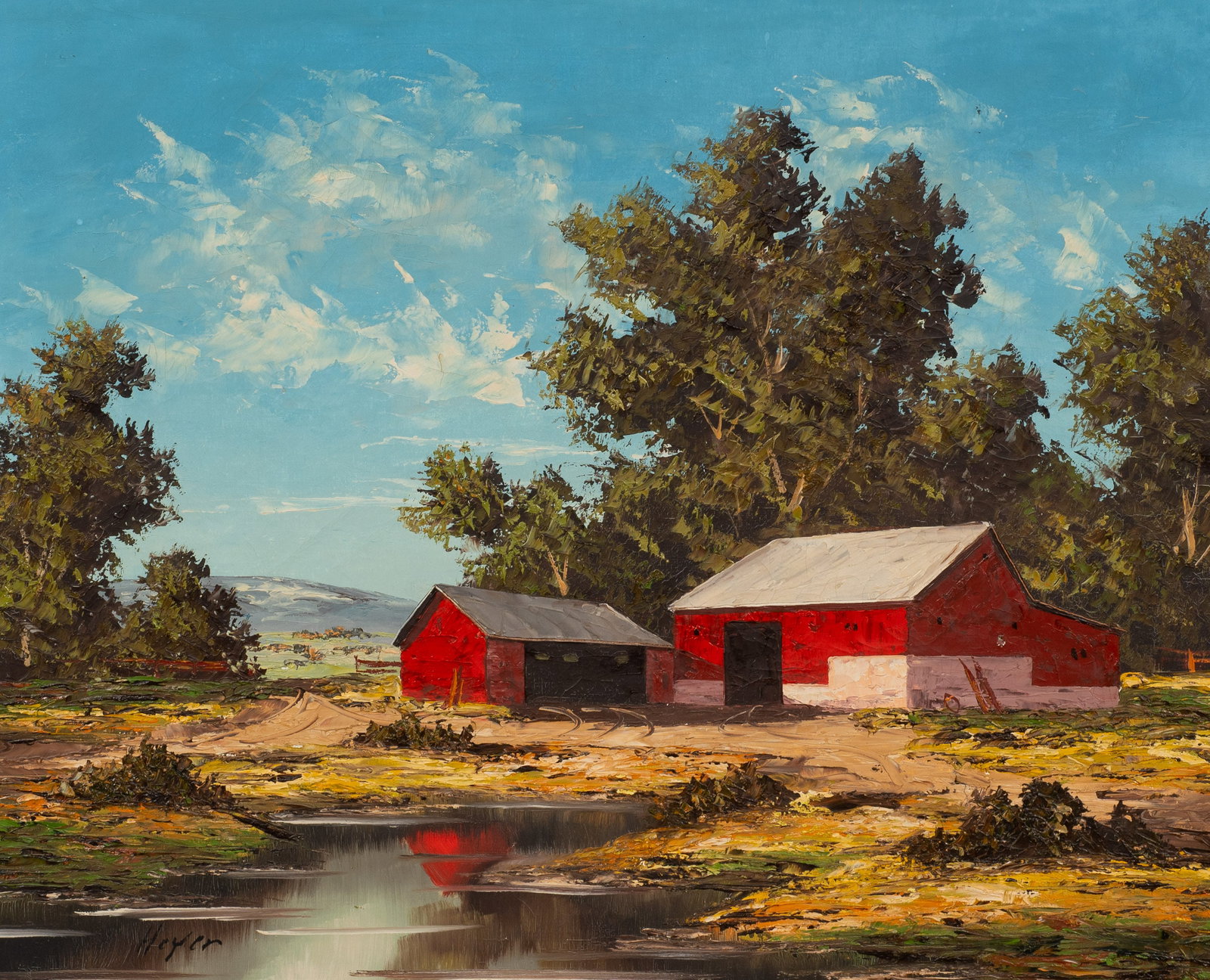 Landscape with Barn, Painting by Robert Heyer.: Artist(s): Robert E. Heyer (20th Century). Medium: Oil painting on canvas. Signature(s): "Heyer", lower left. Paperwork/Provenance: N/A Condition: Craquelure and surface grime. General wear to the