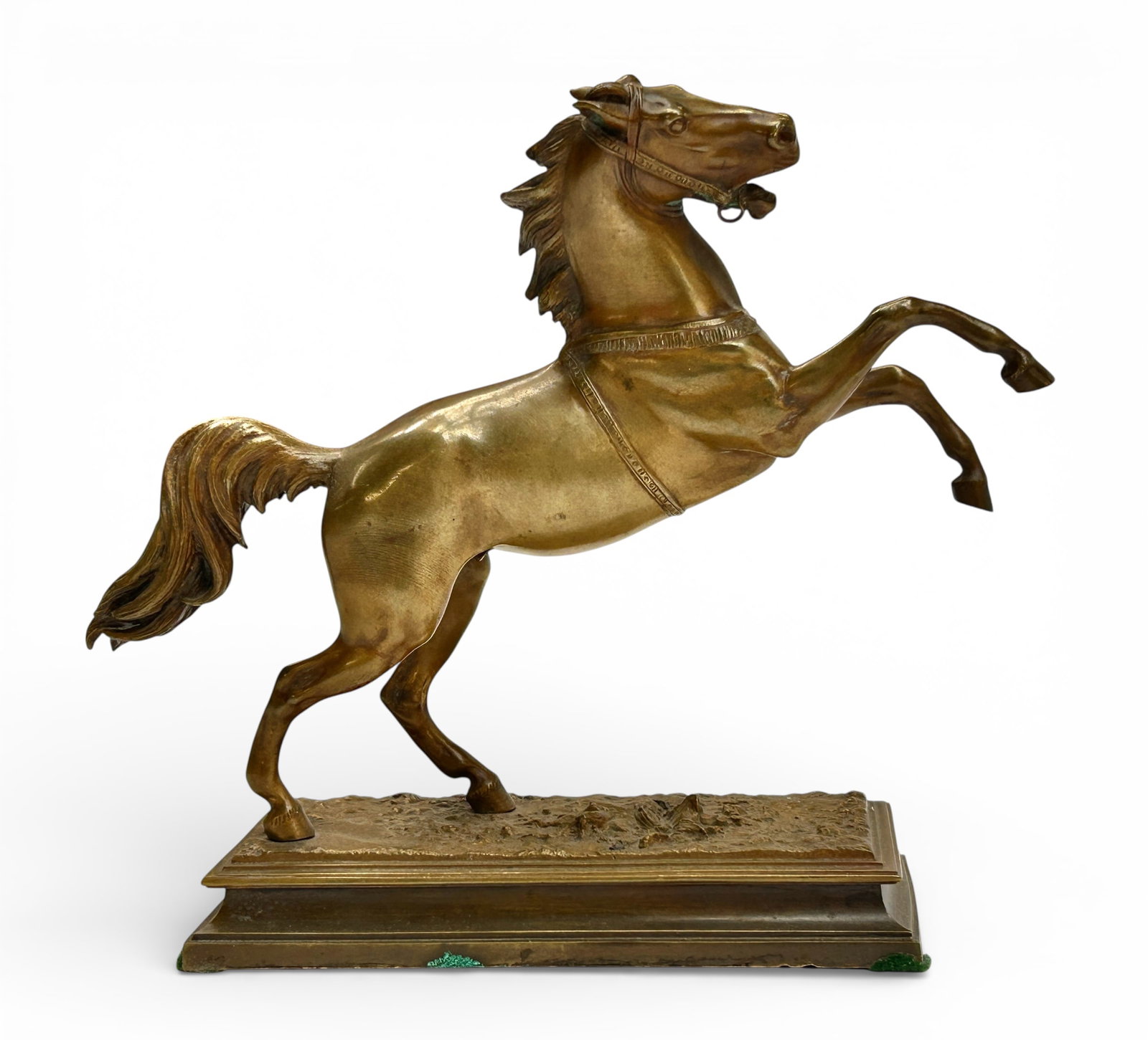 Kiesewalter Bronze Rearing Horse Sculpture.: It looks like it was originally attached to a base, but now is not. There are some stains and signs of tarnish, but overall, it looks to be in good condition. It measures 10 1/4" x 3 3/8" x 9 1/8". In