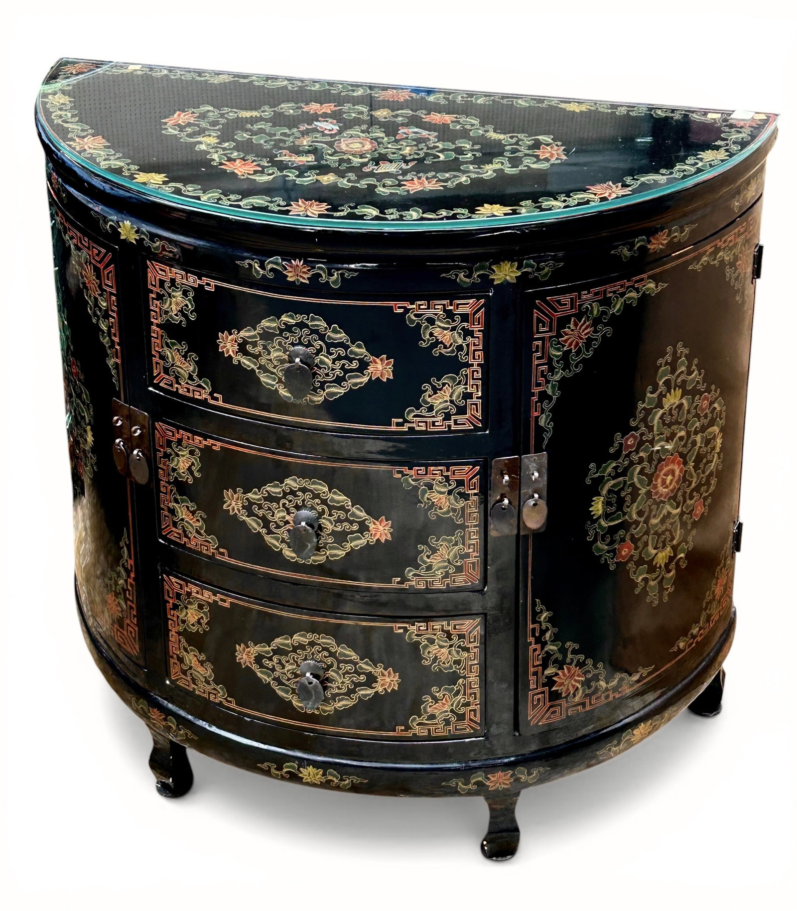 Black Lacquer Asian Style Demilune Cabinet. (1 of 12)