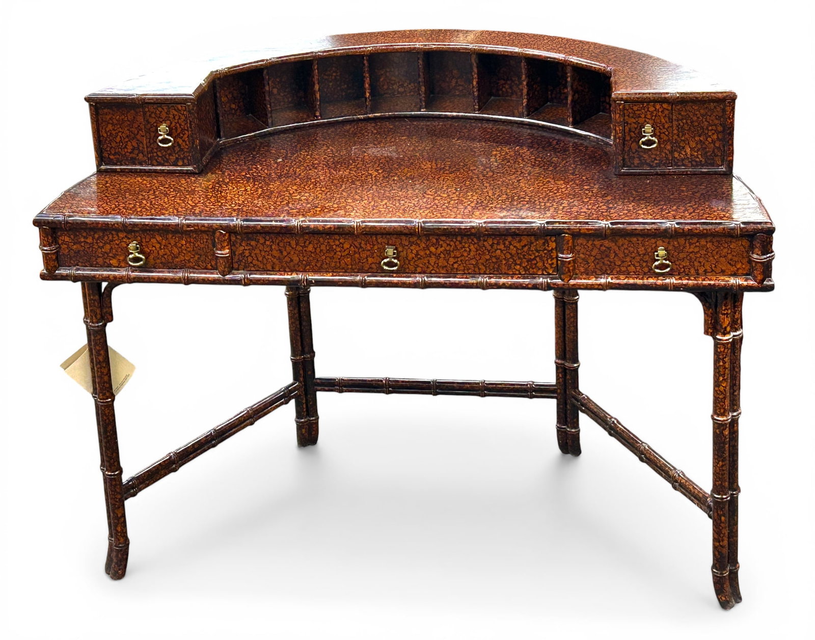 Ficks Reed Faux Bamboo Writing Desk.: The desk has its original tag, and is in excellent condition. It has three drawers with brass hardware (plus two faux drawers), and eight cubby holes. It measures 49" wide, 24" deep, and 35 1/2"