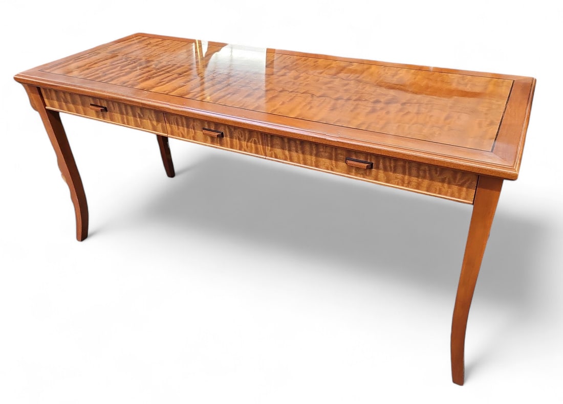 Andrew Jacobsen Custom Console or Hall Table.: This fine banded satinwood console or hall table is designed and built by Andrew Jacobsen at Design in Wood Inc - California. It has the brass nameplate attached to the inside of one drawer. It has