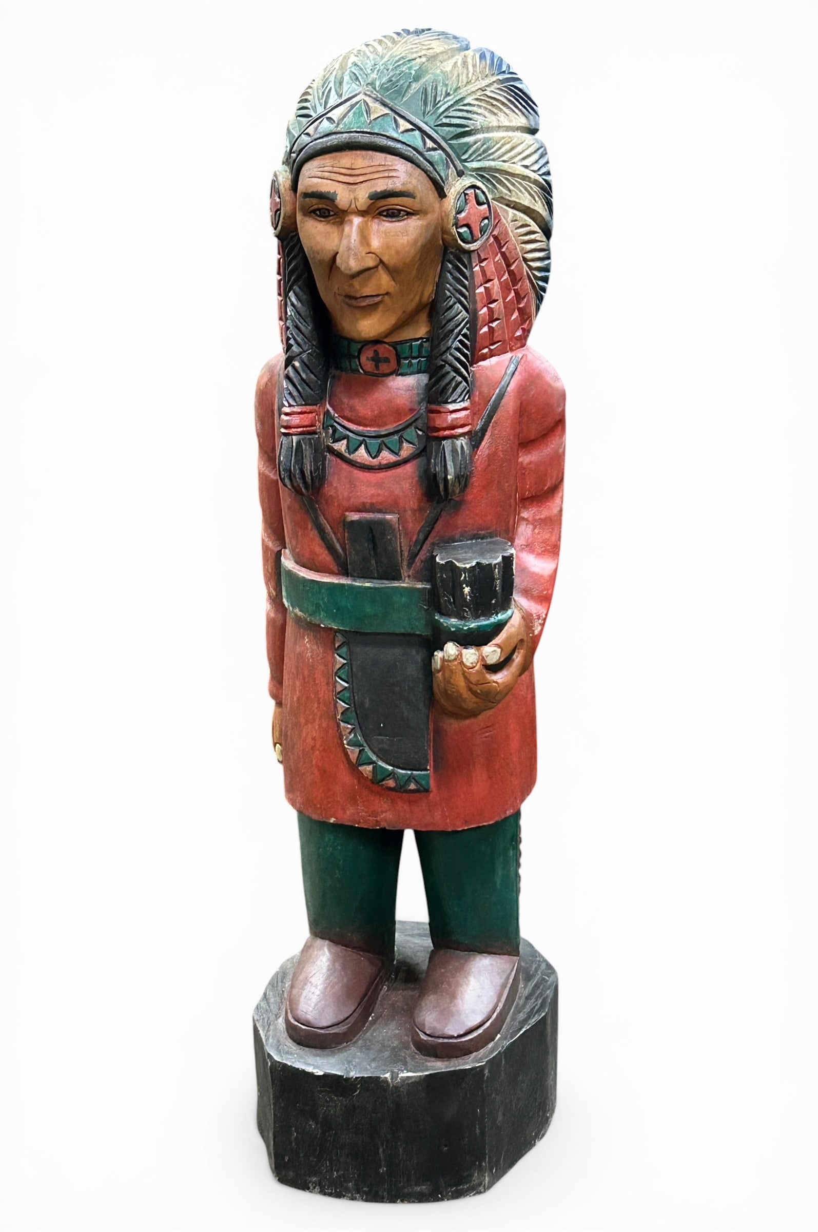 Small Cigar Store Indian Sculpture.: This miniature American Indian chief looks to be in overall nice condition, with some scratches, cracks, and spots of paint loss. It measures approximately 13" x 12" x 43 1/2". Third-party freight