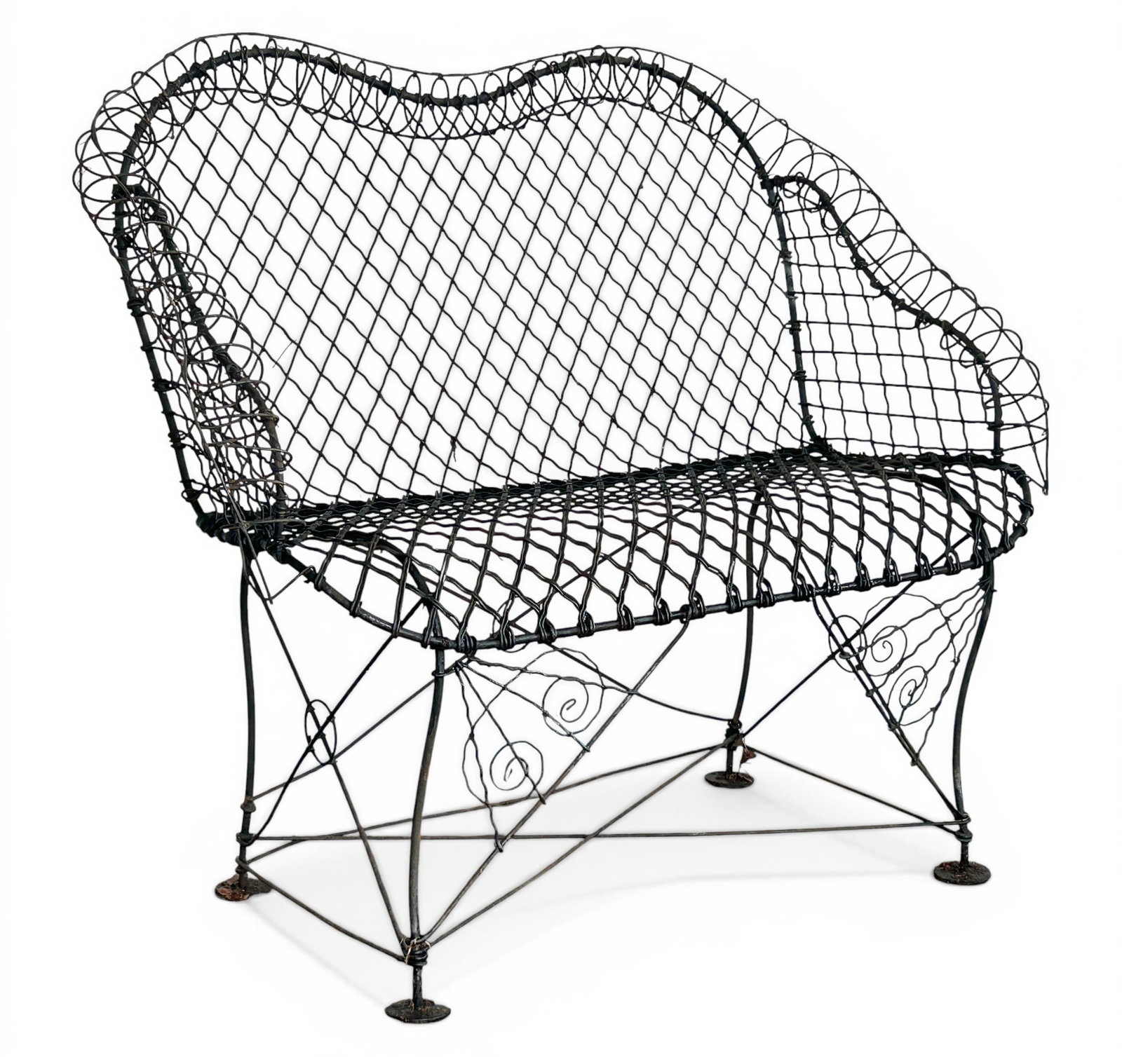 Antique Victorian Wire Garden Bench.: The bench has a high back and a twisted wire frame. It is in good condition, with light rust. It measures 42" wide, 26" deep, and 37" tall. Third-party freight shipping or personal pickup is