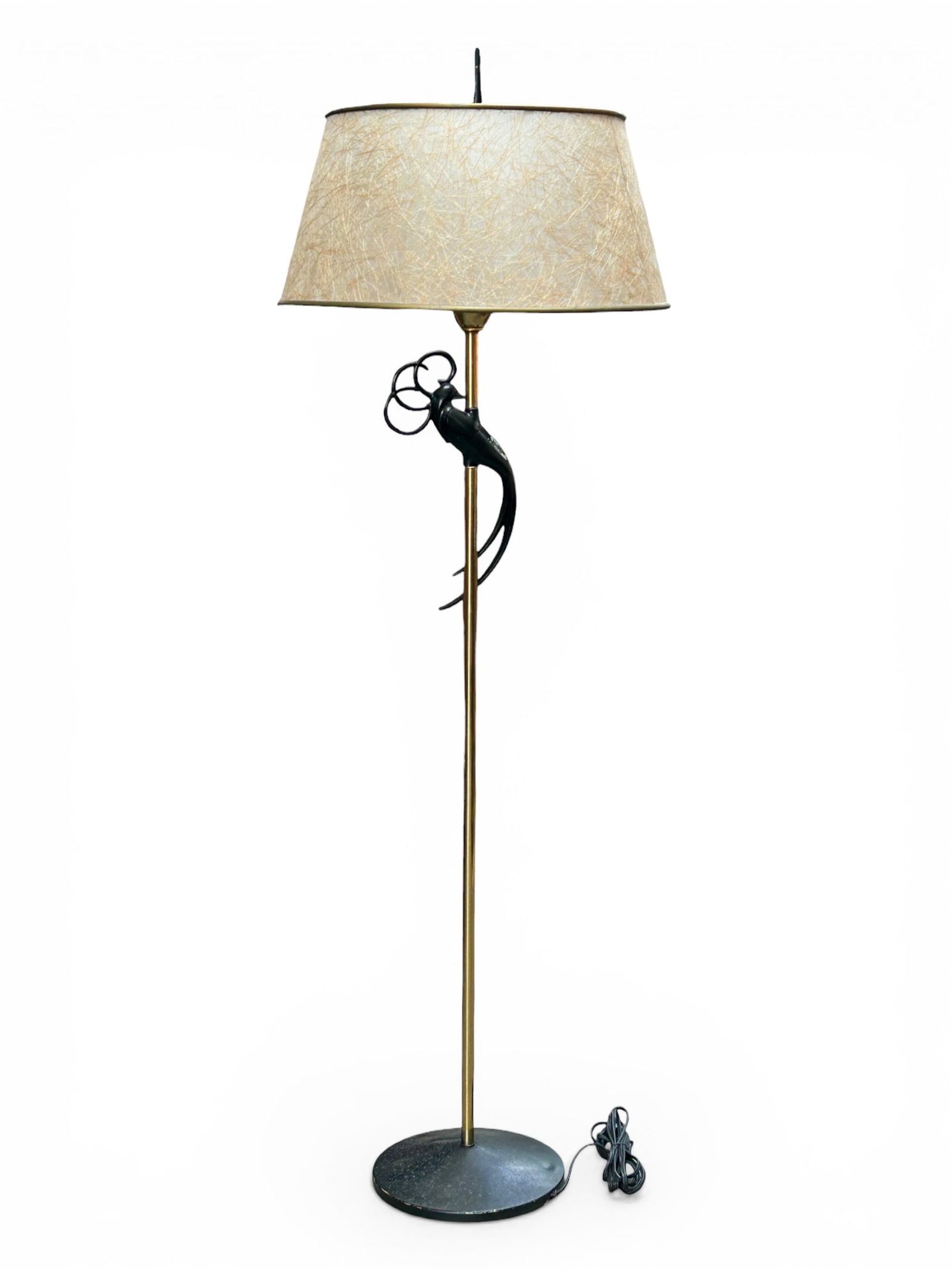 Mid Century Rembrandt Lovebird Brass Floor Lamp.: The lamp has a small milk glass shade, which supports a larger removable shade. The peacock has paint loss, but otherwise, the piece is in good condition. It is tested and working. It measures 62"