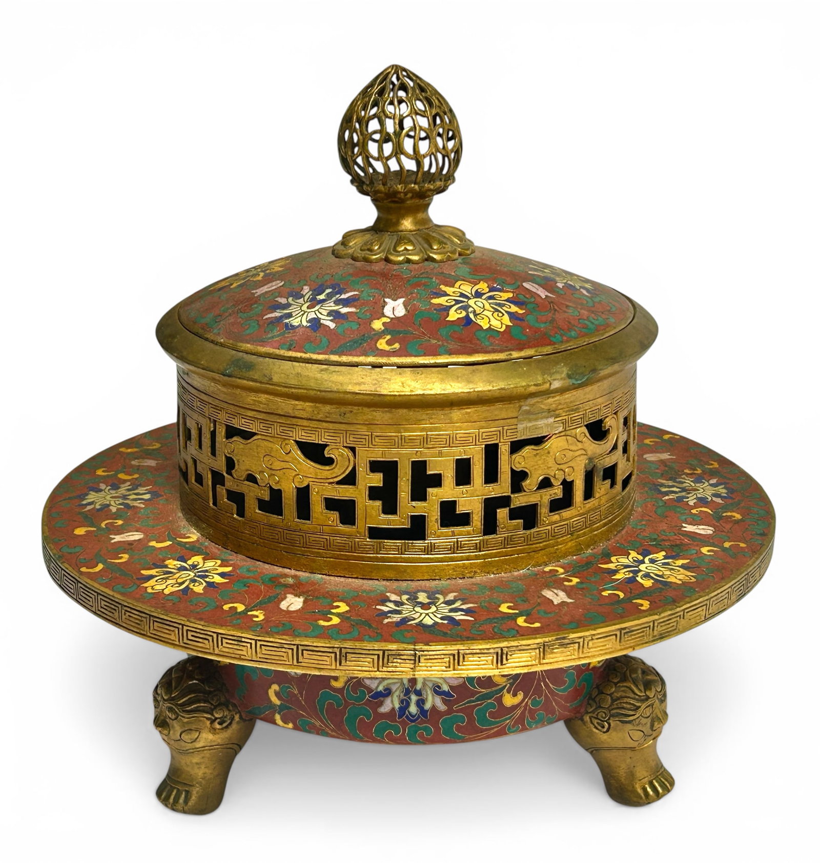 Unusual Vintage Bronze Chinese Cloisonne Censer.: The censer looks to be in good overall condition, with some wear to use and dust. It measures 10" tall and 10 1/4" in diameter. In-house shipping is available. Please see our website regarding our in-