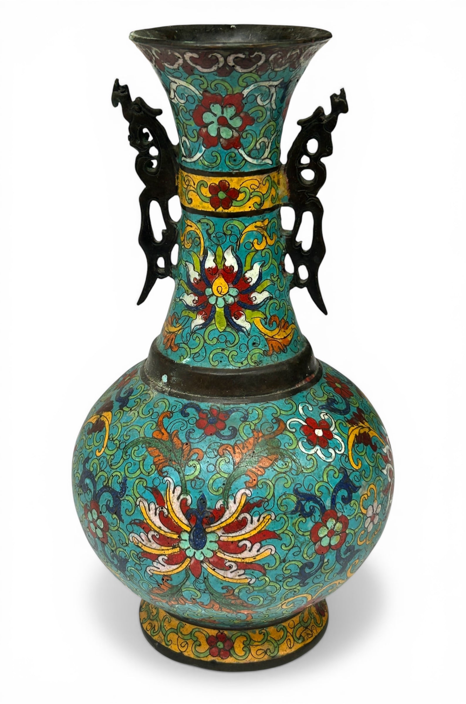 Heavy Bronze Cloisonne Chinese Vase, Signed.: The vase is quite dirty, but looks to be in good overall condition. It is signed on its underside. It measures 11" tall and 6" in maximum diameter. In-house shipping is available. Please see our websi