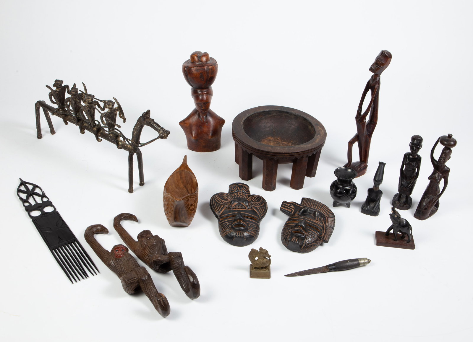 Lot: African Bronze Horse, Carved Ladies & Animals (1 of 10)