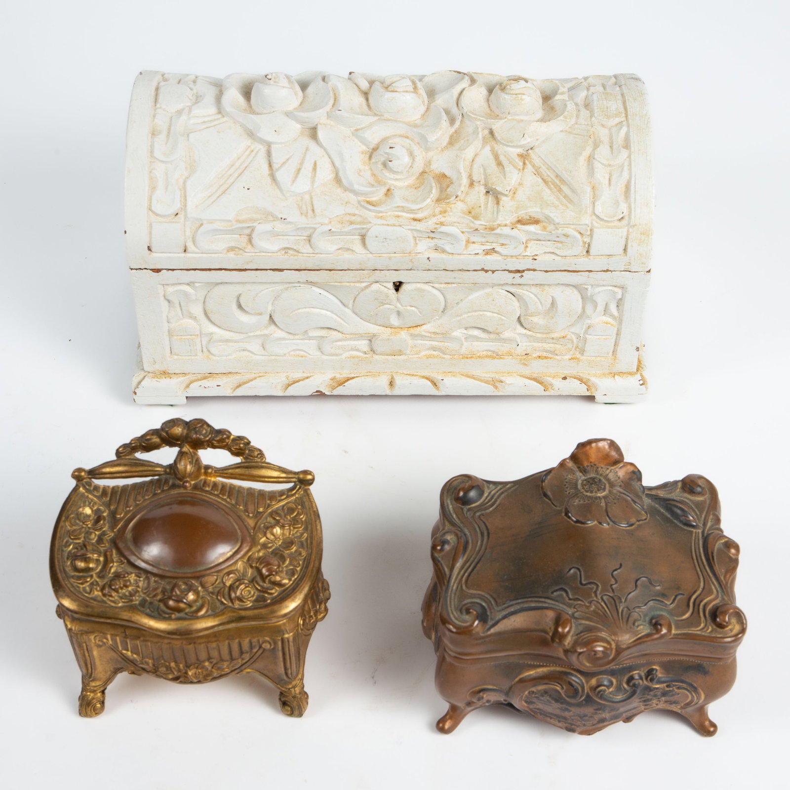Lot: Folk Art Wood Box, Antique Jewelry Caskets. (1 of 14)