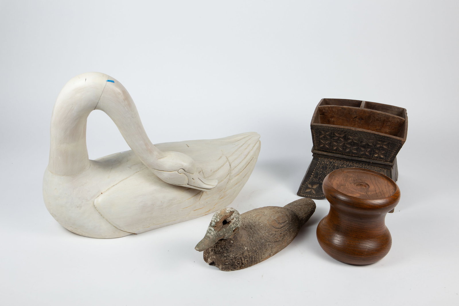 Lot: Rustic Duck Decoy, Painted Swan Decoy. (1 of 8)