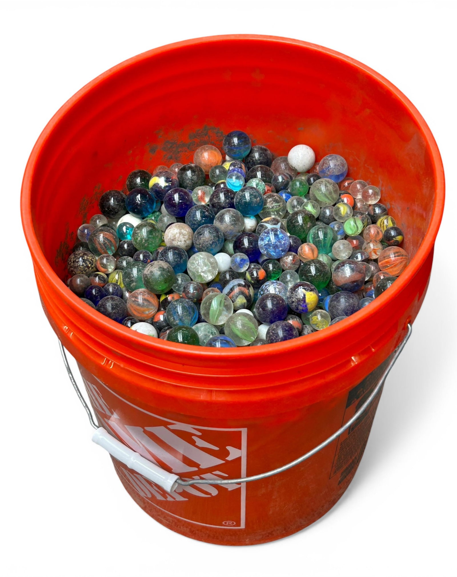 Large Bucket of Marbles.: They will need to be cleaned. The condition varies - some are in nice condition; others have damage. The smaller marbles measure 5/8" across; the larger marbles measure 7/8" across. In-house shipping 