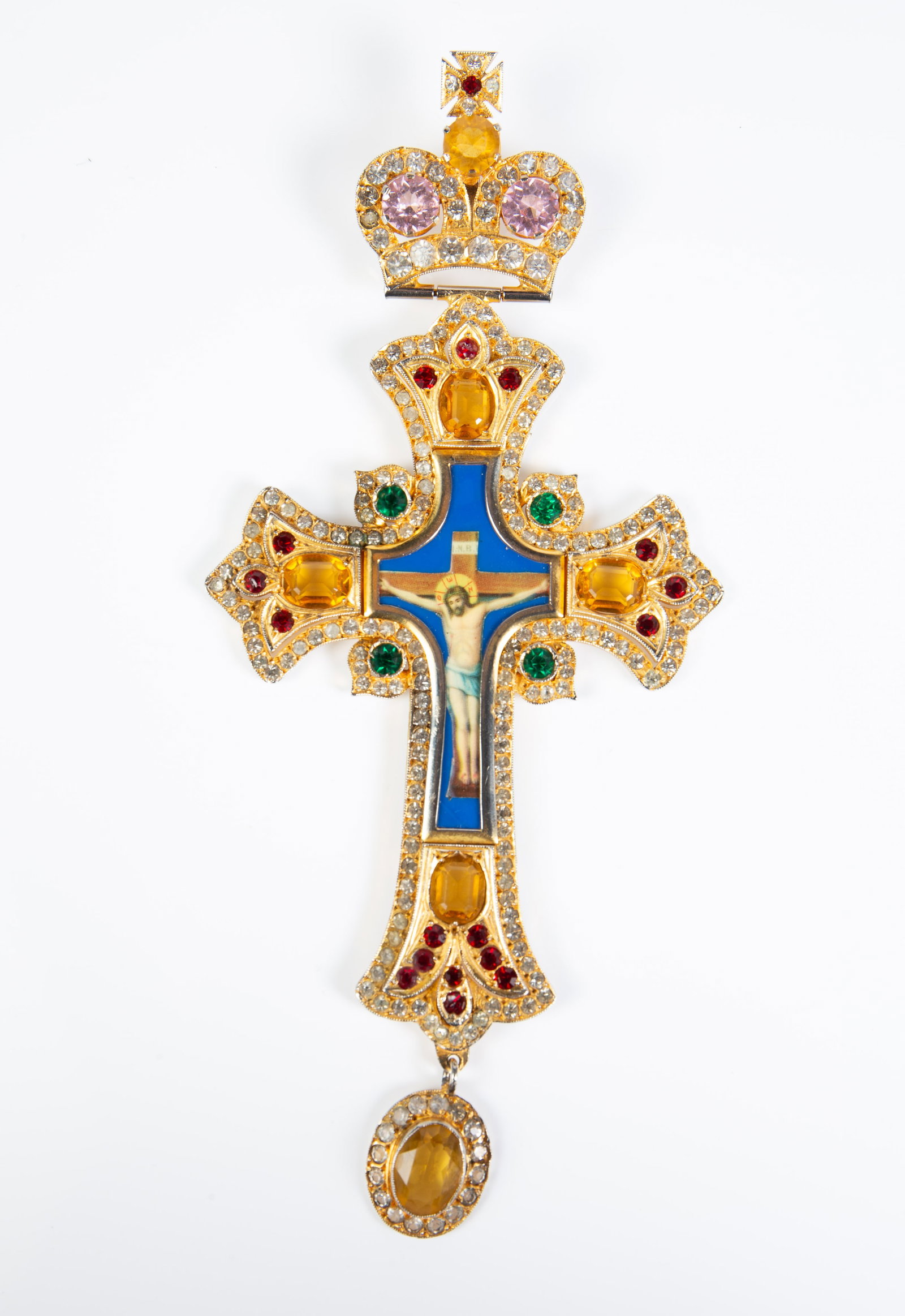 .900 Silver Greek Orthodox Pectoral Cross w/ Stone: The large gilded silver cross pendant features synthetic citrine, emeralds, and garnet stones surrounding the central crucifix image. It is inscribed with the maker's information in Greek on the back.