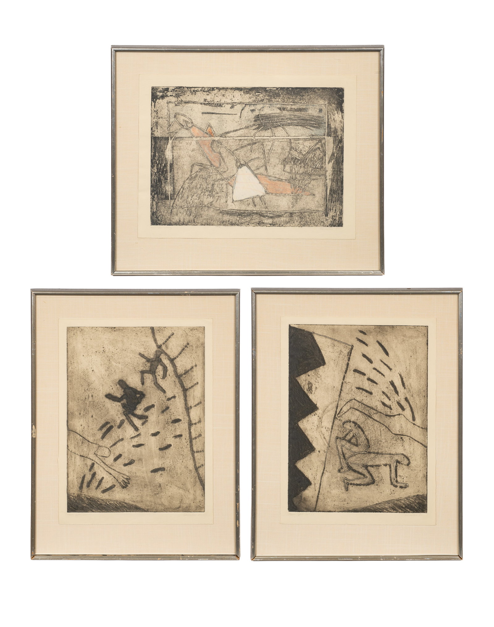 Three Abstract Etchings by Leonard Edmondson.: The lot contains three hand-colored etchings by Leonard Edmondson (American, 1916-2002). Each are pencil signed and dated from 1983 in their lower margins. Paperwork/Provenance: N/A Condition: Some si