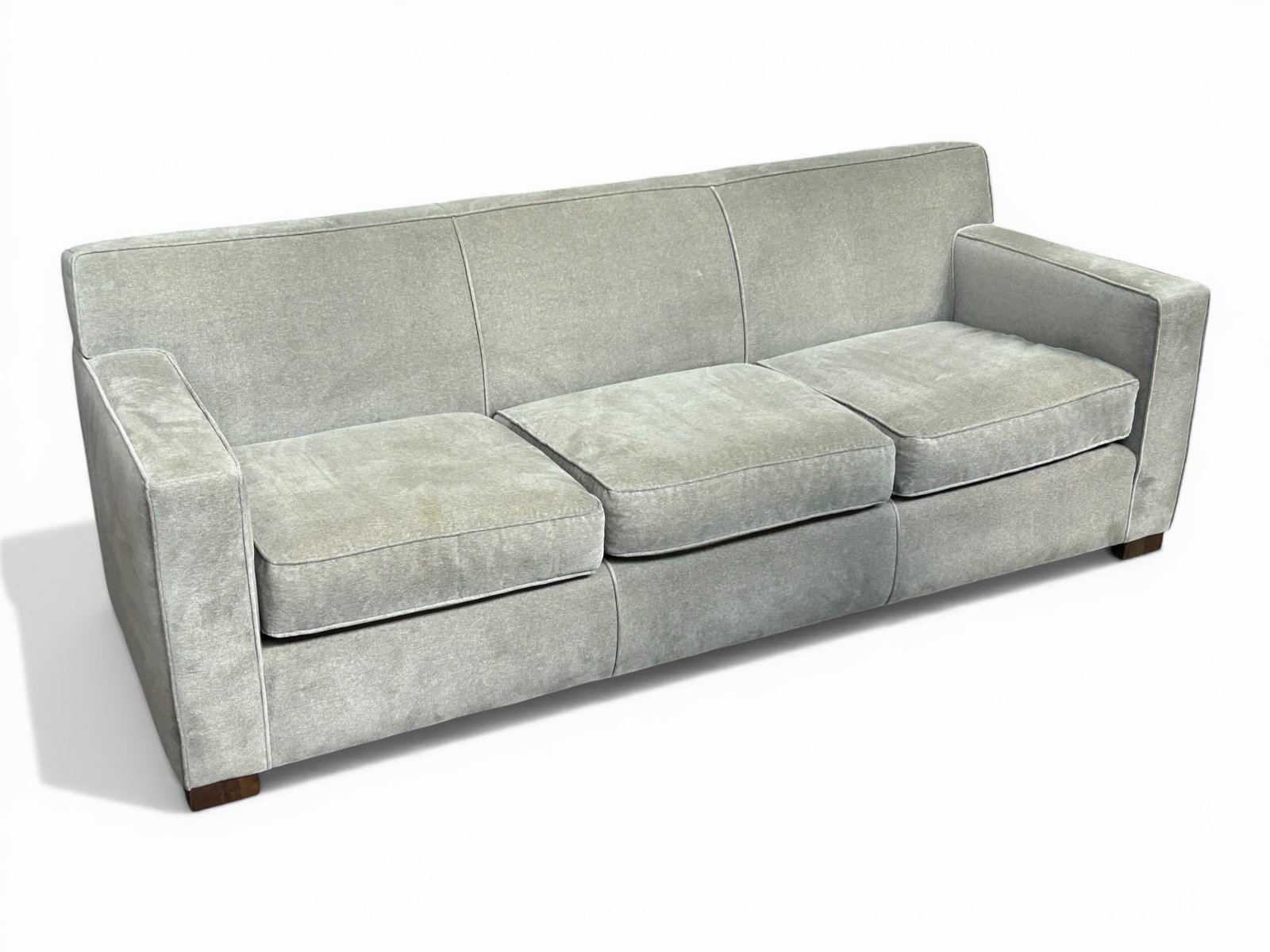 Room and Board Sofa.: This three-seat Room and Board Sofa was manufactured by Shenandoah Furniture. There are some dirt spots and stains, and what looks to be a slightly ripped corner (see photos for details). It measures