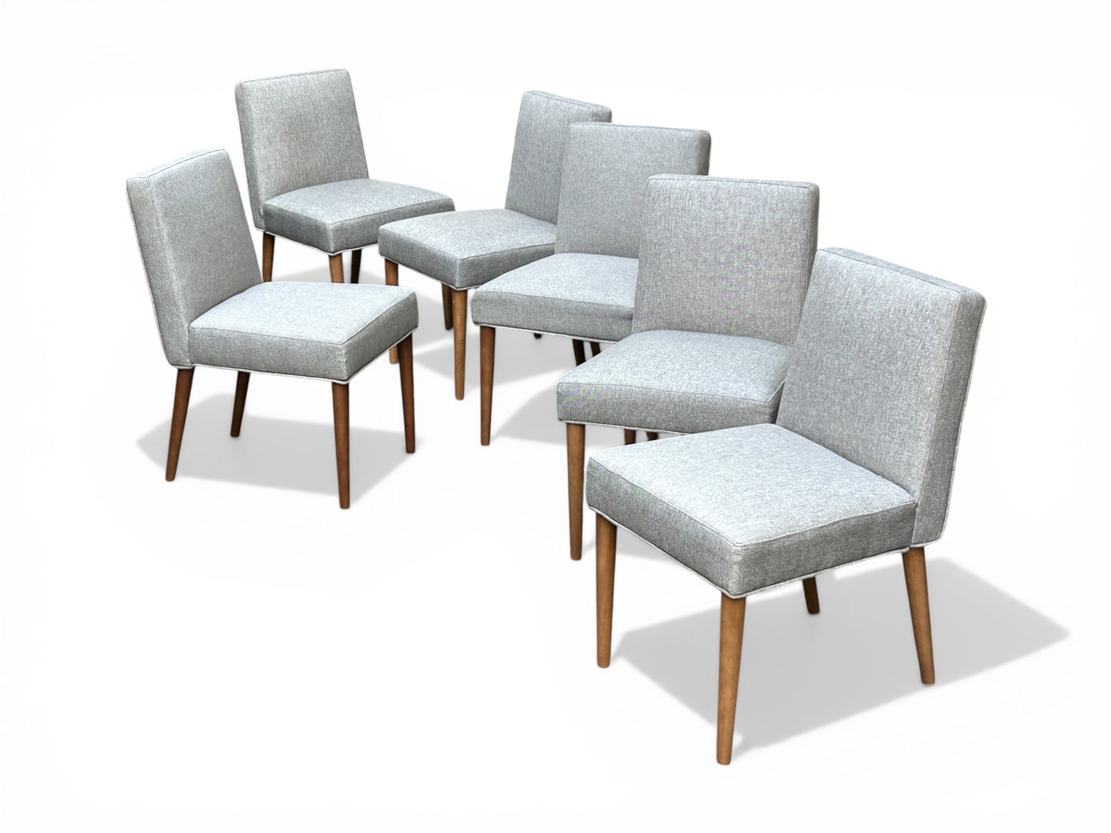 Set of Six Dining Chairs - Anji Wanchang.: These chairs have gray upholstery and sit on tapered wood legs. They are in good condition, with only very minor wear. Each chair measures 20" wide, 22" deep, and 33" tall. Third-party freight