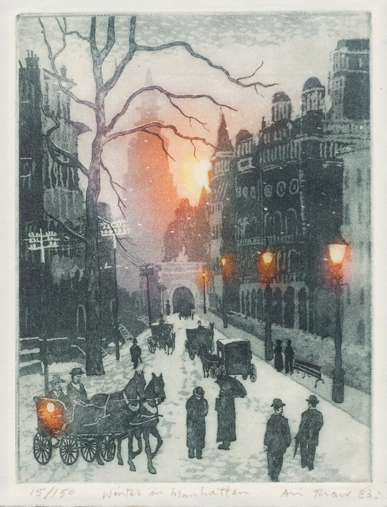 Winter in Manhattan, Avi Thaw Etching.: Artist(s): Avi Thaw (American, b. 1943). Medium: Etching with aquatint. Signature(s): Pencil signed, titled, and numbered (15/150) in its lower margin. Dated from 1983. Paperwork/Provenance: Attached