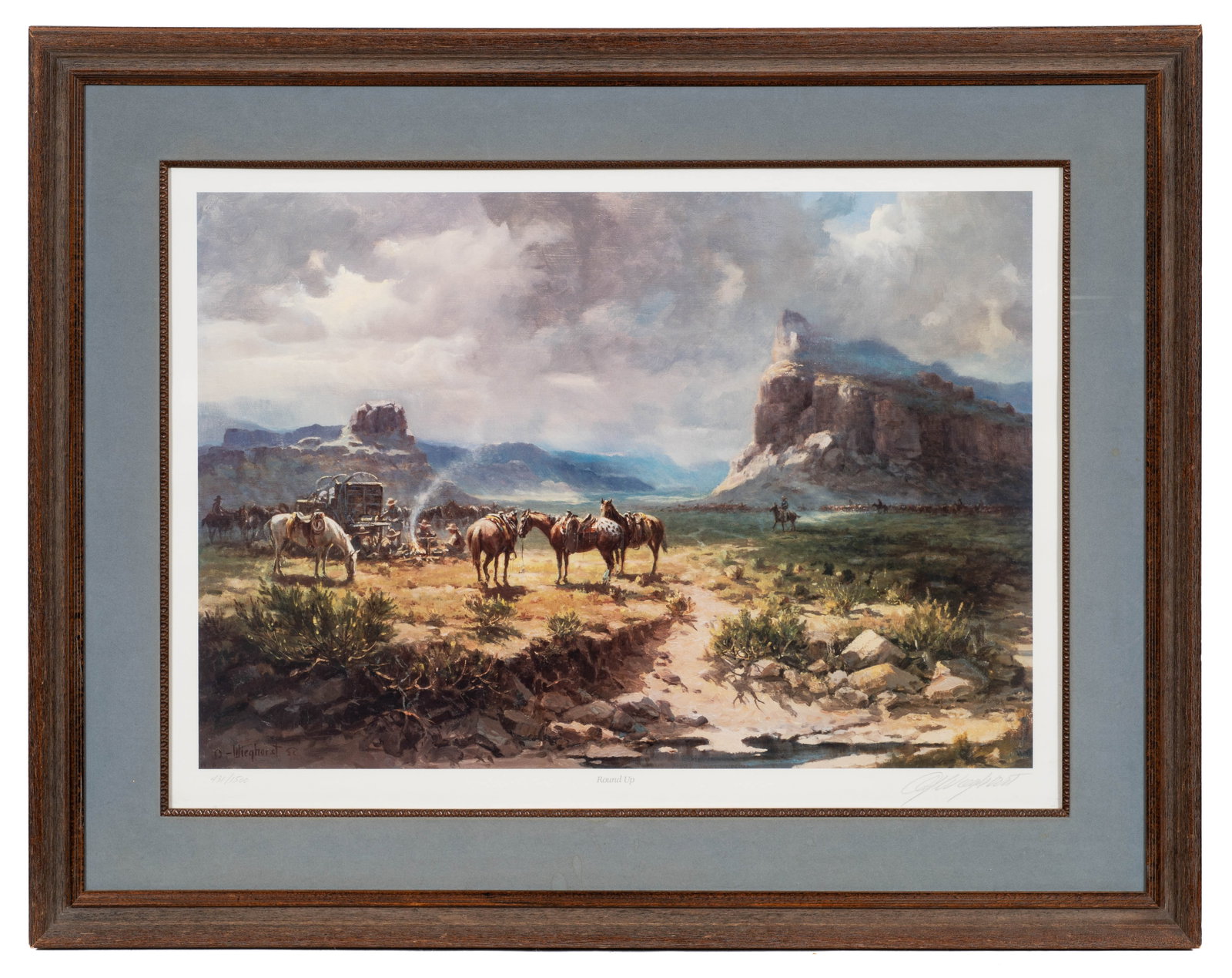 Round Up, Olaf Wieghorst Western Print.: Artist(s): Olaf Wieghorst (Danish, 1899-1988). Medium: Offset print in colors. Signature(s): Pencil signed and numbered (431/1500) in its lower margin. Paperwork/Provenance: N/A Condition: No visible