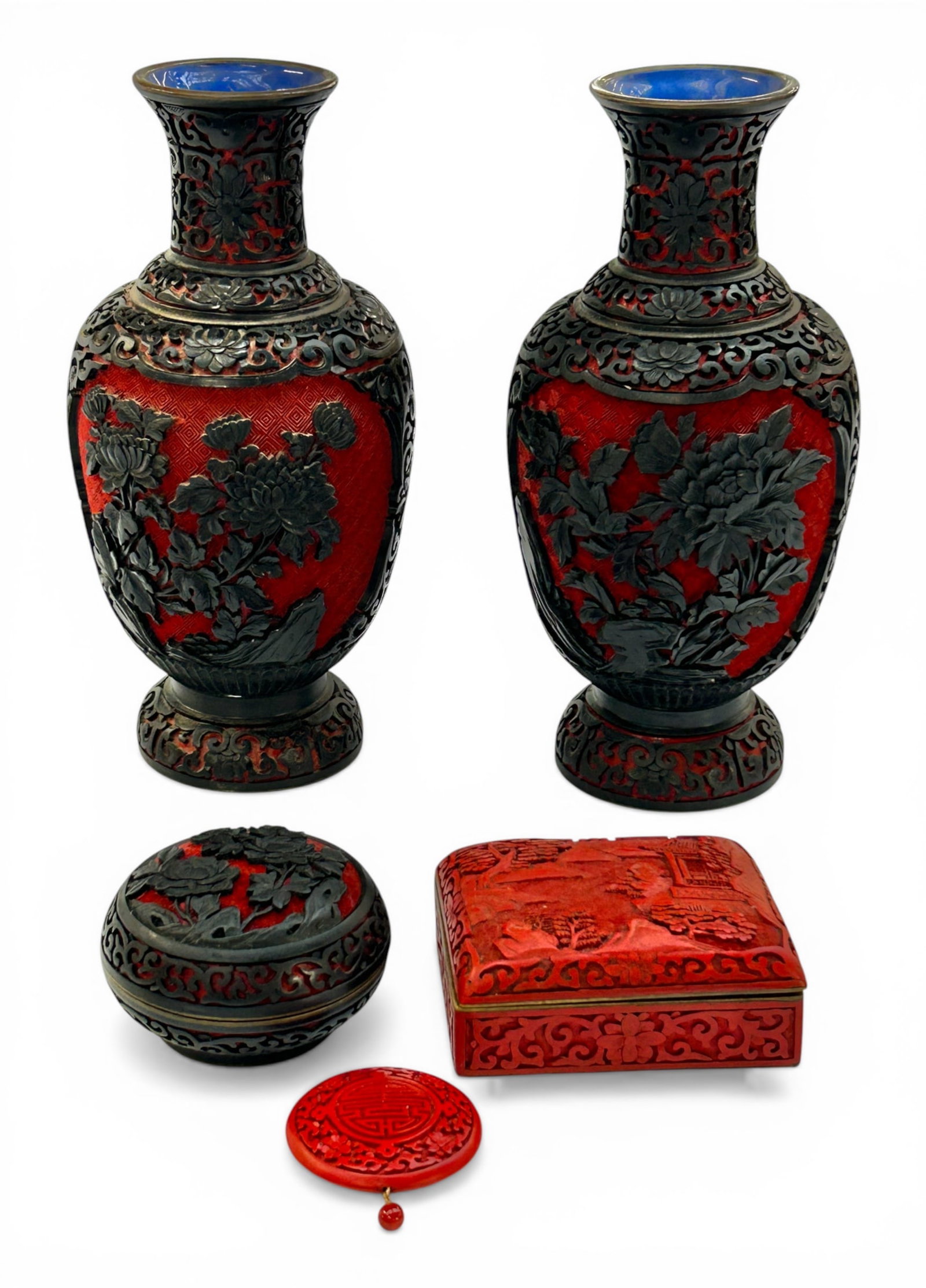 5 Chinese Carved Cinnabar Items Inc. Vases, Boxes. (1 of 20)