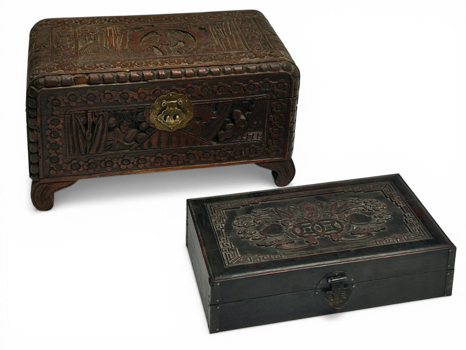 2 Chinese Carved Wood Boxes, One w/ a Bat. (1 of 18)