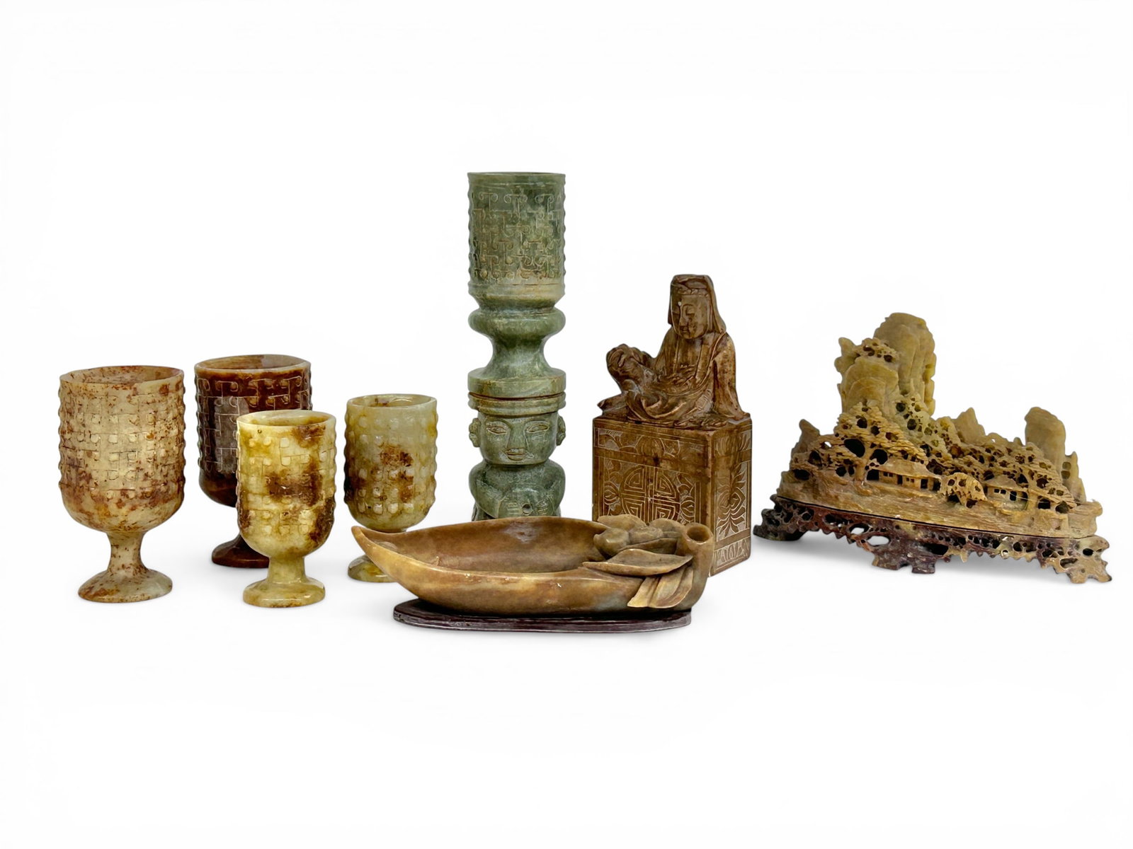 Lot of 8 Chinese Carved Soapstone Items, Wine Cups (1 of 11)
