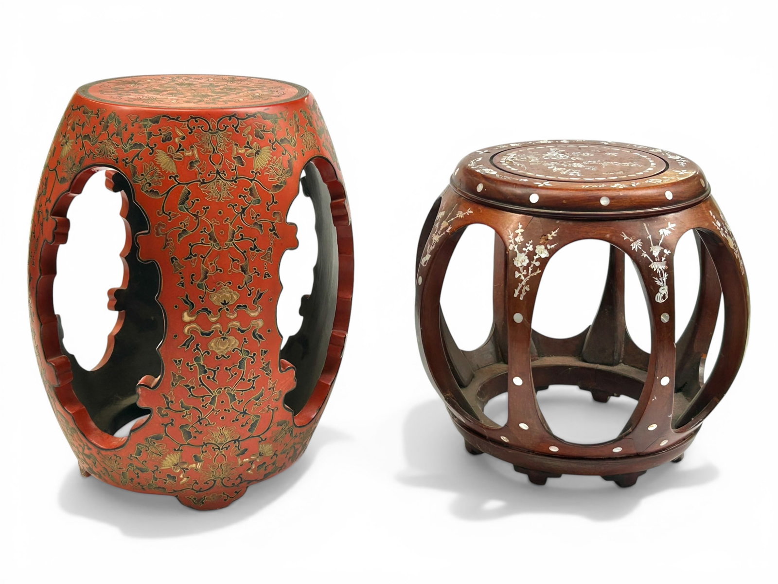 2 Chinese Pierced Garden Stools, inc. Rosewood.: The lot contains 2 distinct Chinese garden stools with wide pierced areas. The larger piece is lacquered, and has carvings of flower patterns. The next stool or seat is wood, and has inlaid mother of