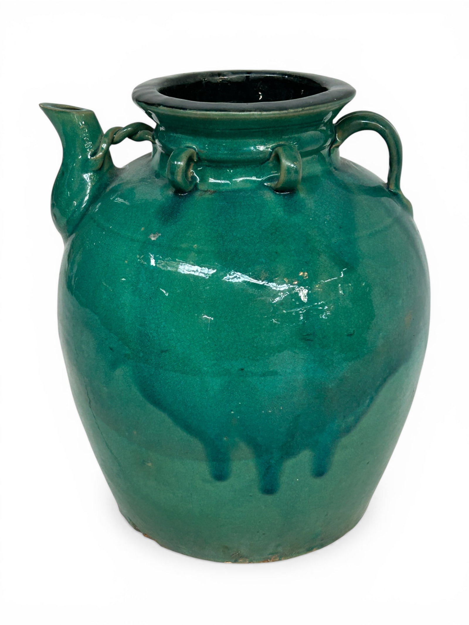 Chinese Stoneware Oil Jug.: The turquoise glaze jug measures 13 1/4" tall and 11 1/4" in diameter. There are some chips along the bottom edge, some tiny chips on the spout, and some craquelure. Otherwise, it is in overall good c