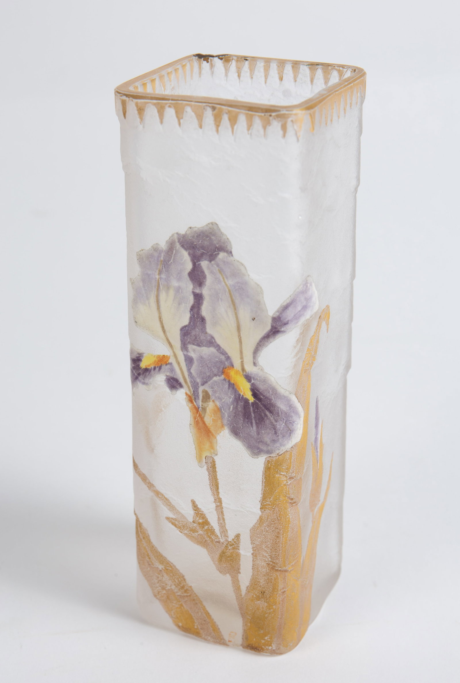 Mont Joye Square Shaped Vase w/ Iris Motif.: This hand painted vase looks to be in overall good condition. The gilded rim has some paint loss, and it looks as though paint was applied over a shallow chip. The vase measurements are 2" x 2" x 6 1/
