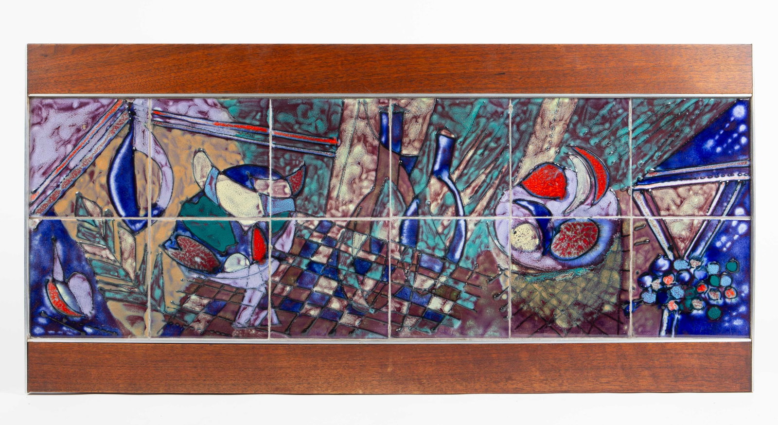 Harris Strong ? Abstract Tile Wall Plaque.: It looks to be a still life with food and drink. There are some scratches and faint cracks, but overall, it presents well. It will need its hanging wire replaced. The sight dimensions are 12 1/4" x 36