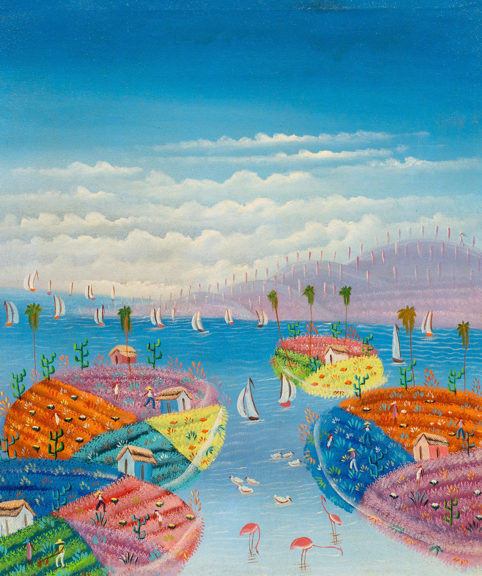 Haitian Style Farming Painting, H. Nazair.: Artist(s): Unknown. Medium: Acrylic painting on canvas. Signature(s): "H. Nazair", lower left. Paperwork/Provenance: N/A Condition: Surface grime and creasing to the work. General wear to the frame. M