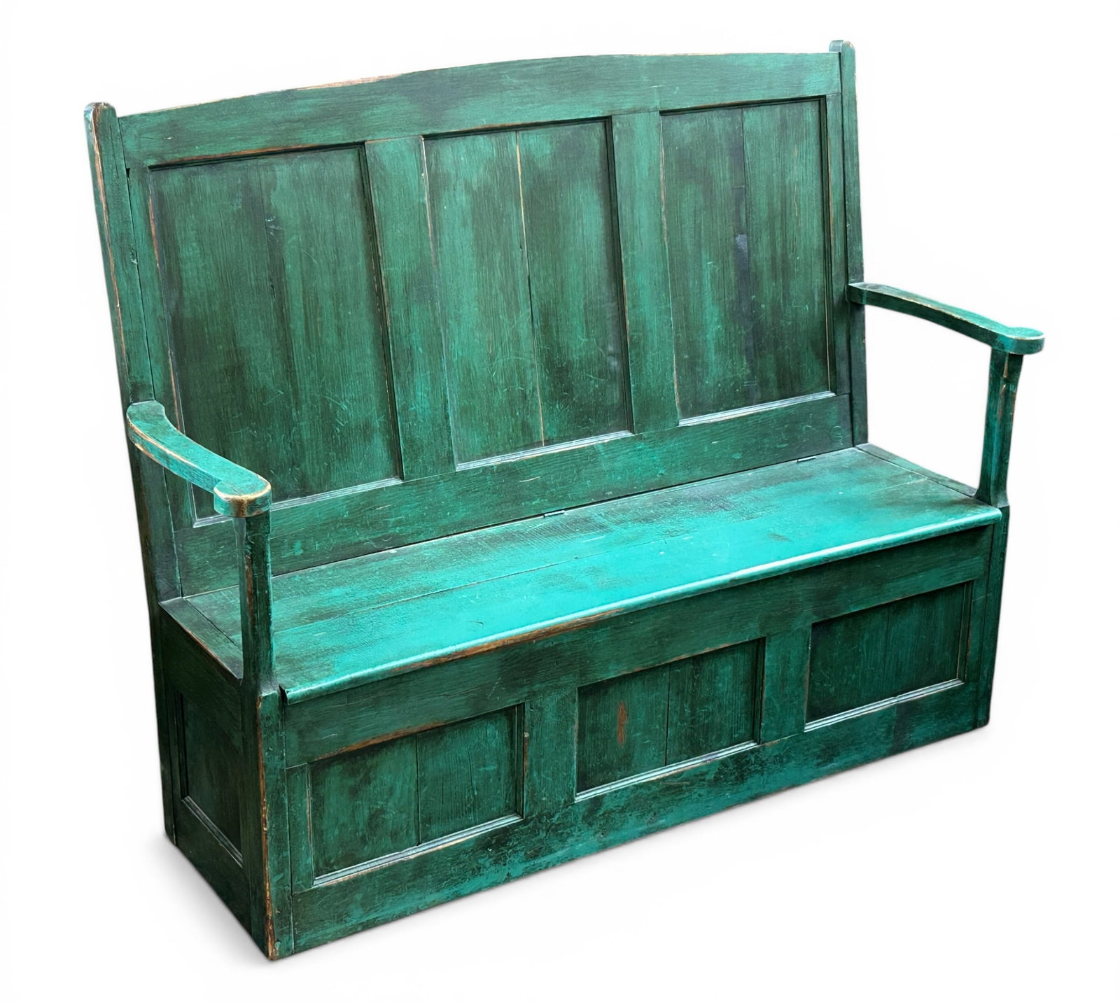 Primitive Style Painted Wood Hall Bench.: This contemporary bench has a paneled back and base. The seat lifts up to reveal a large storage area. It is in good condition. It measures 56 1/2" wide, 21" deep, and 43 1/2" tall. Third-party freigh