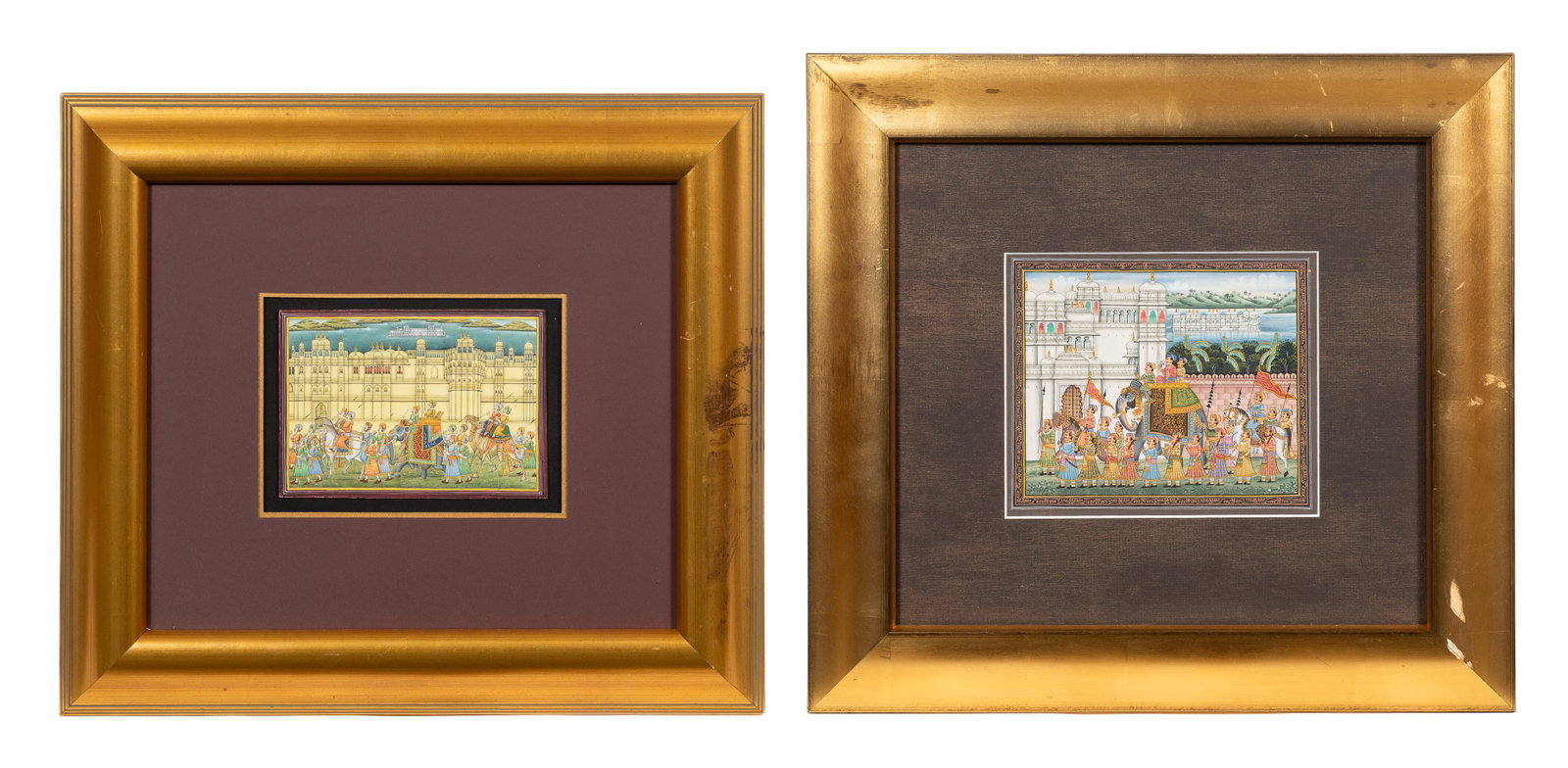 Pair of Indian Miniature Paintings, Unsigned.: Paperwork/Provenance: N/A Condition: The works are in good overall condition, with some scuffs to their frames. Measurement(s): 16 1/2" x 18 1/2" and 17" x 18 1/2" (frames). In-house shipping is avail
