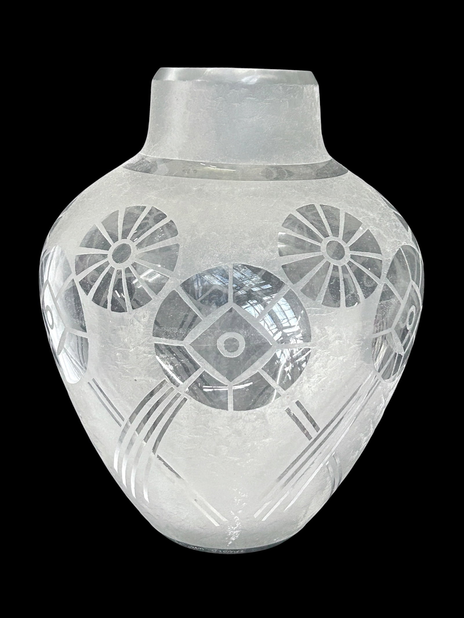 French Deco Acid Etched Art Glass Vase, Lorrain.: The acid etched art deco glass vase is from circa 1930's. It is signed Lorrain France on the underside, though the first name is only partially legible. It measures 12 3/4" tall, and up to 9 3/4" in d