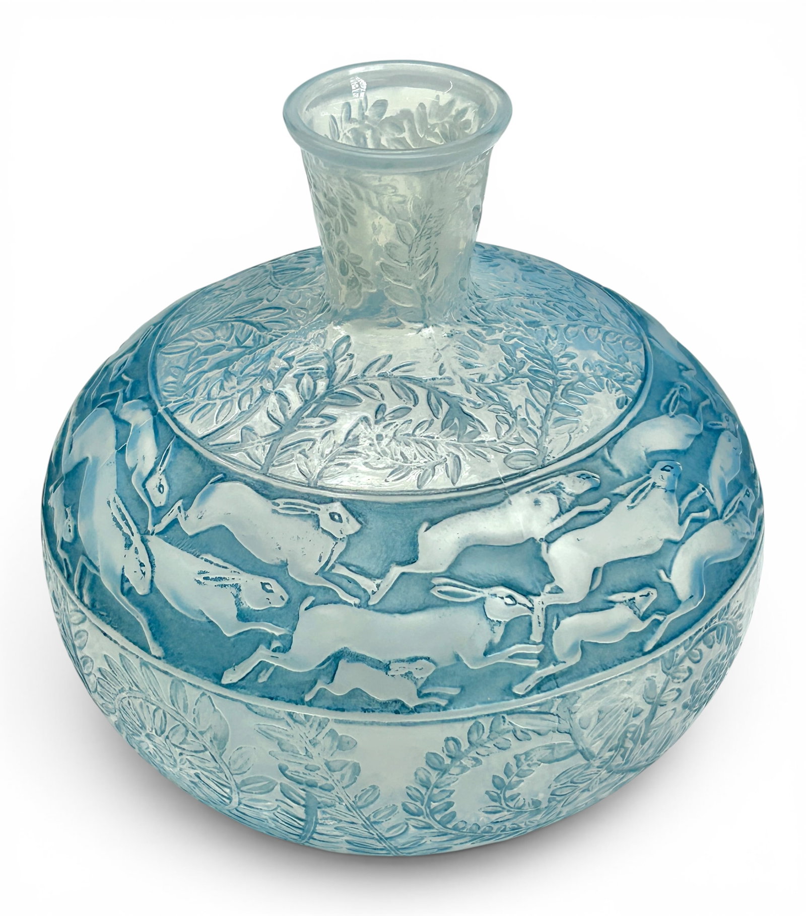 R. Lalique France "Lievres" Blue Vase.: This bulbous vase is signed, 'R. Lalique", and looks to be in very nice condition. It has a rabbit or hare motif, with curling fern fronds. The dimensions are 6" x 6" x 6 1/2". In-house shipping is av