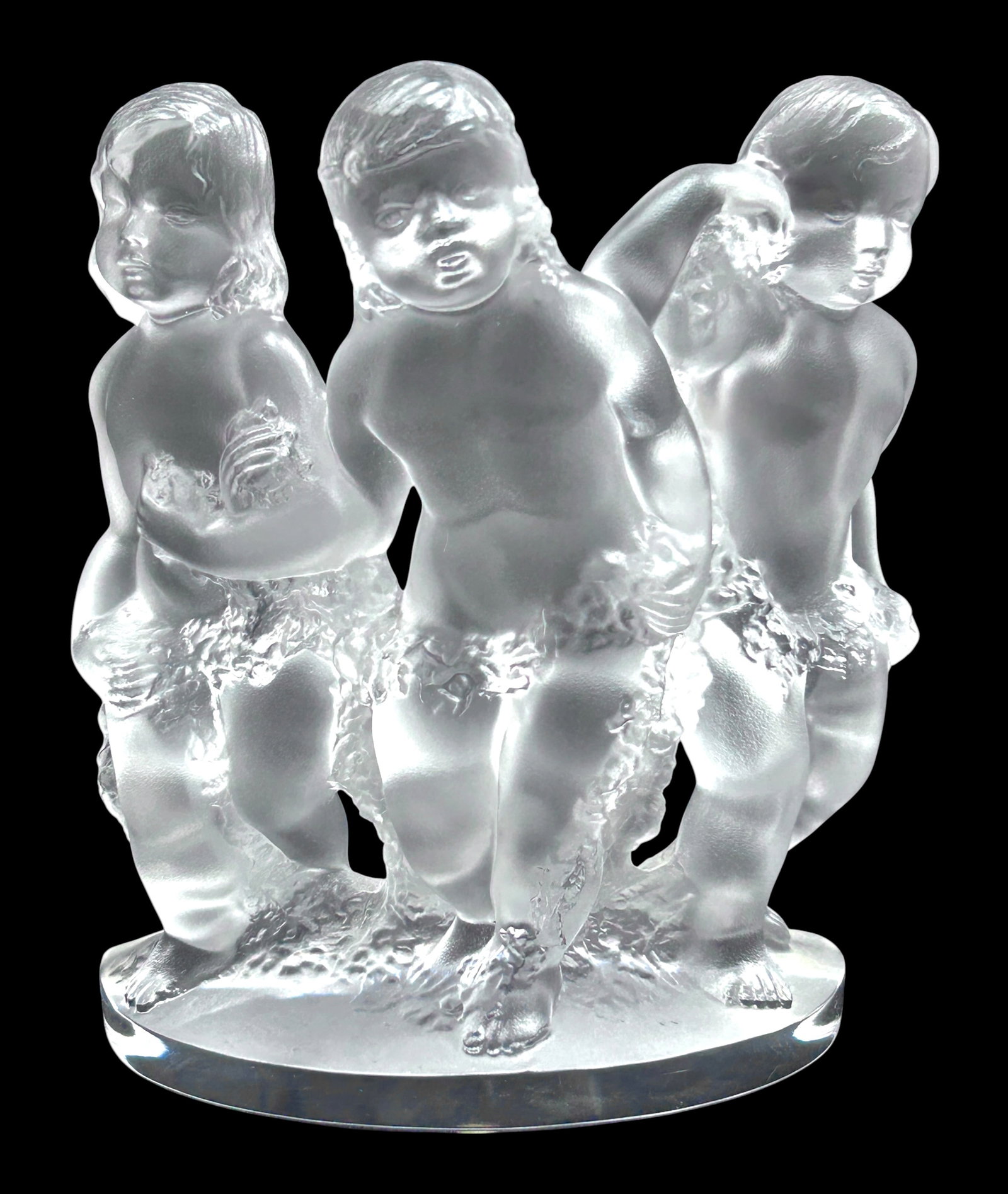 Lalique France "Luxembourg" Frosted Sculpture.: The sculpture depicts three putti or cherubs with garlands. It looks to be in very nice condition. The dimensions are 7 1/8" x 3 3/8" x 8". In-house shipping is available. Please see our website regar