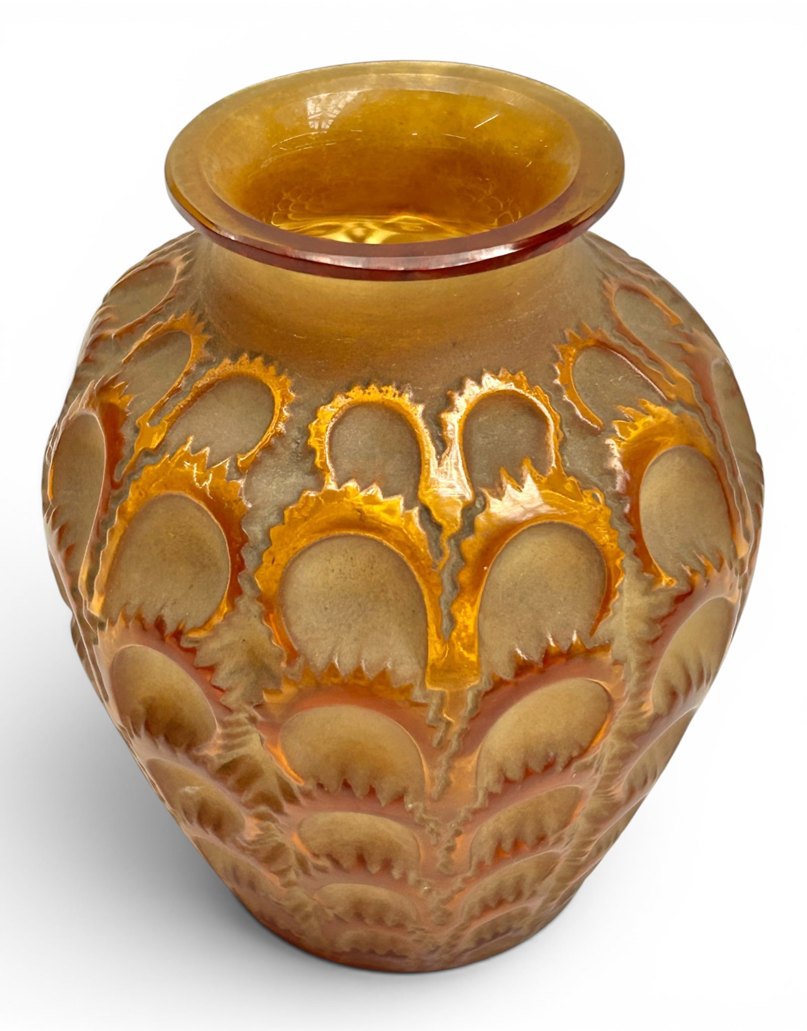 R. Lalique France "Laiterons" Amber Cabinet Vase.: It is signed, "R. Lalique France" underneath, and looks to be in overall nice condition. It measures 2 7/8" x 2 7/8" x 3 1/8". In-house shipping is available. Please see our website regarding in-house