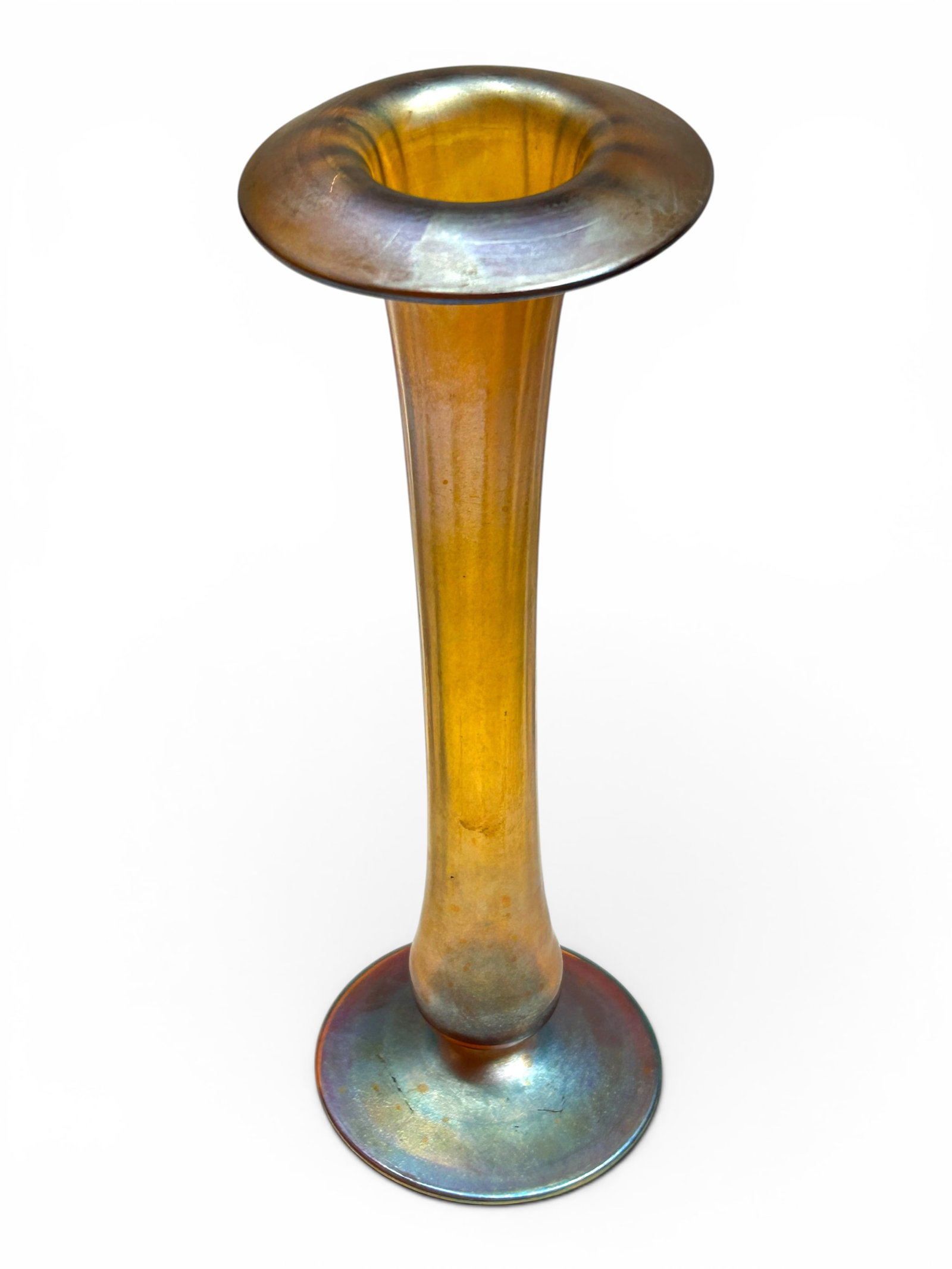 L.C.T. Tiffany Favrile Glass 10" Ribbed Vase.: This footed vase is signed, "L.C. Tiffany - Favrile 56P 1730". It looks to be in very nice condition, with a few scratches on the base and a little dust inside. The vase measures 3 1/2" x 3 1/2" x
