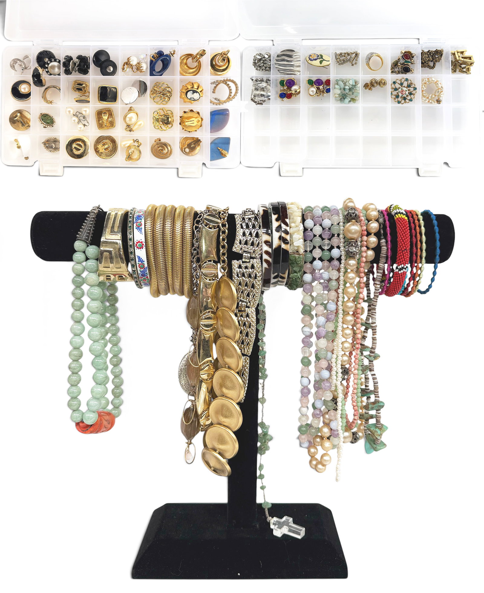 Mostly Vintage Costume Jewelry - Chinese Coral: The lot contains 38 pieces of costume jewelry. There are earrings, brooches, bracelets, necklaces, a rosary, and a ring. Some of the stand out pieces are a jade and carved coral necklace with a sterli