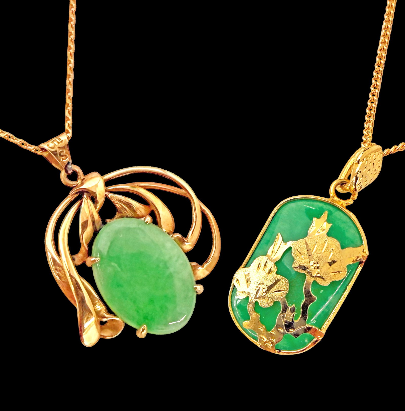 Lot of Jade Pendant Necklaces, inc. 14K Gold.: The lot contains 2 necklaces with green jade pendants. The piece with the lighter jade on a pierced setting is 14K gold. The bale is marked 14K T.Y.L. 585, and the chain tested appropriately for 14K. 