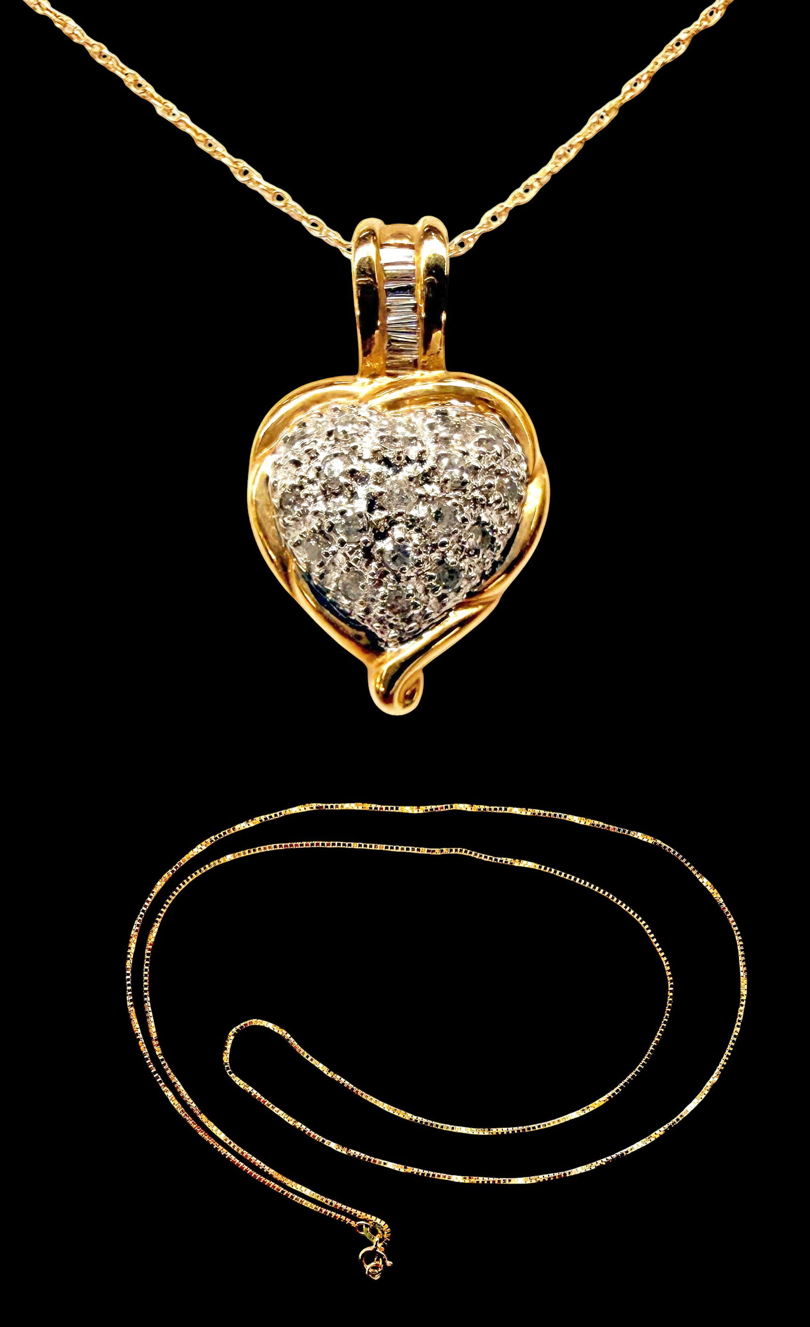 2 Gold Necklaces - 14K Chain & 10K Pendant Diamond: The lot contains 2 gold necklaces. There is a 23 1/2" long 14K Gold box chain. It is marked appropriately, and weighs 1.8 Pennyweight, or 2.8 Grams. The next necklace is 10K gold, and has a heart-shap