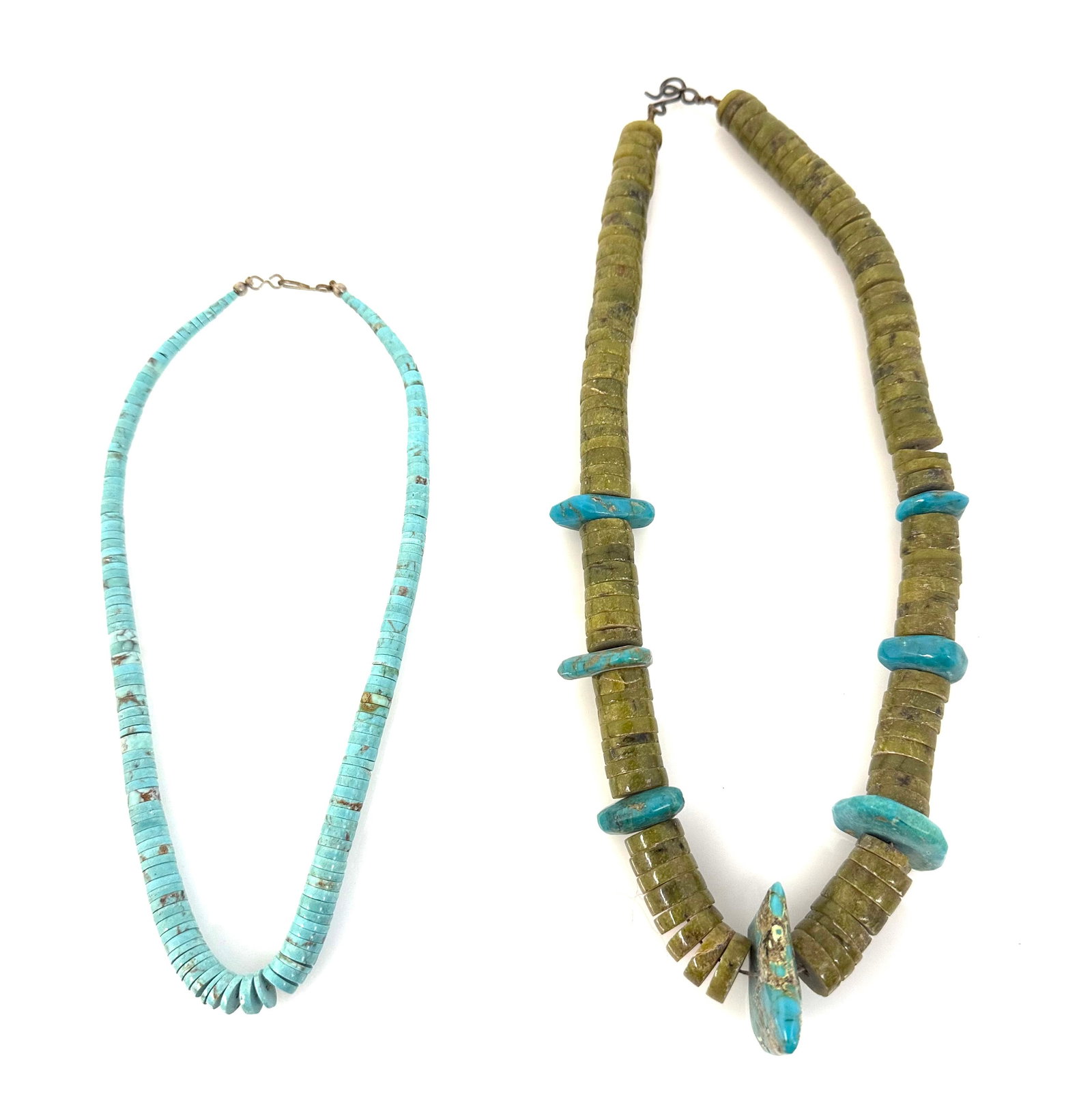 2 Stone Necklaces - Spinach Jade & Turquoise.: The lot consists of 2 natural stone necklaces. The larger piece features green spinach jade disk beads with 7 graduated turquoise beads. It has a sterling silver clasp. It measures 19" long, and the l