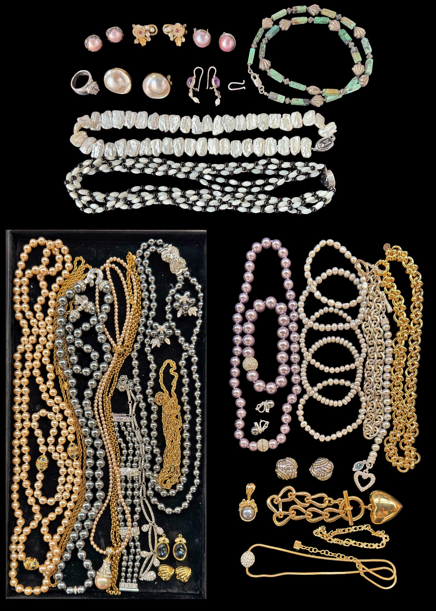 Lot of Jewelry - Nolan Miller, Sterling, Pearls.: The lot contains 37 pieces of jewelry, most of it vintage. There are 12 pieces by Nolan Miller, including 2 necklace and bracelet sets, 3 gold tone distinct chain necklaces, a bracelet and a pair of f