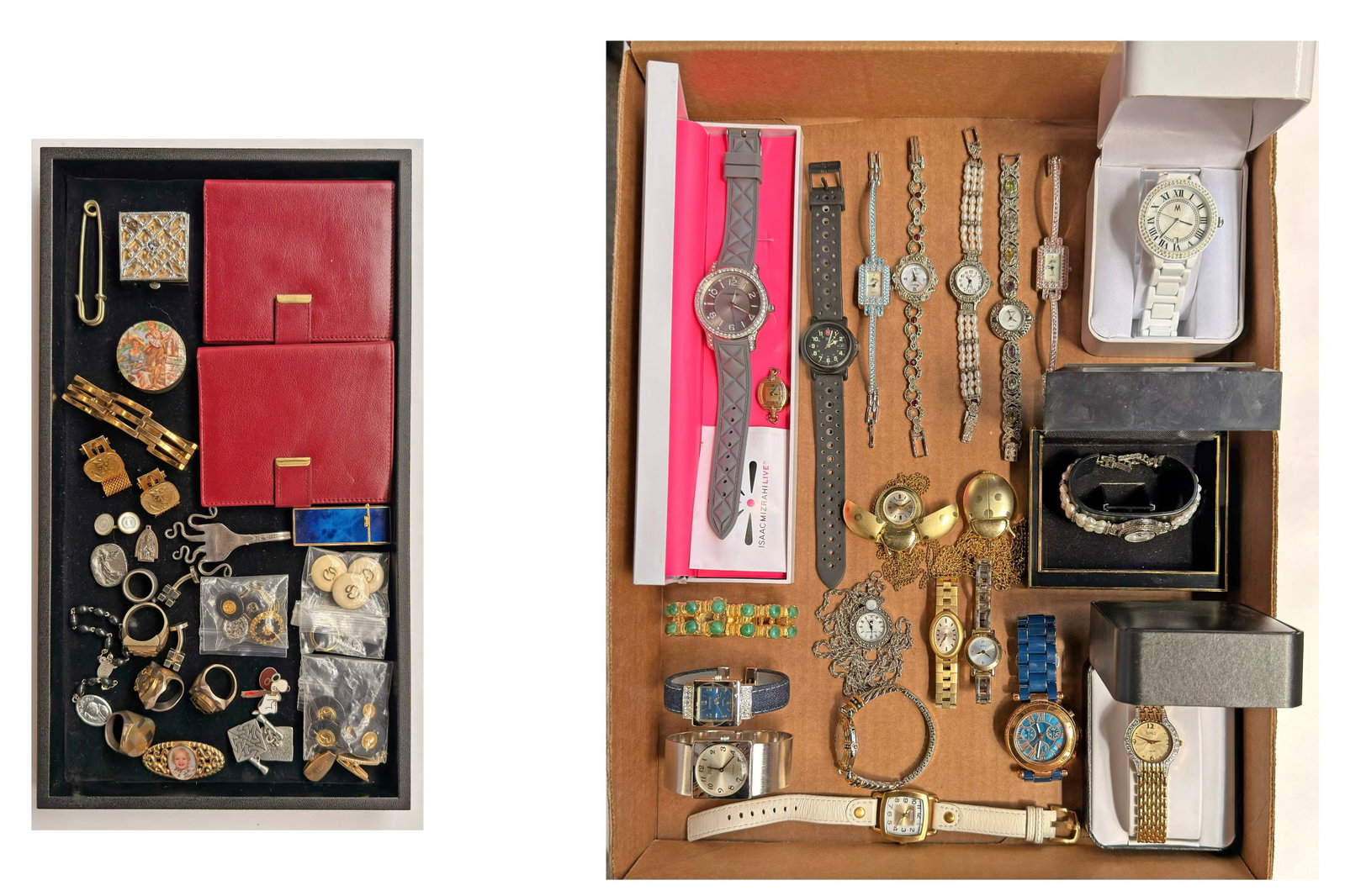Lot of Watches & More - Rolex Wallets, Ecclissi.: The lot contains 22 watches, mostly for ladies, and a small group of over 20 various vintage items. The vintage items are 2 red leather Rolex bifold wallets, some St. John buttons, Mexican metal rings