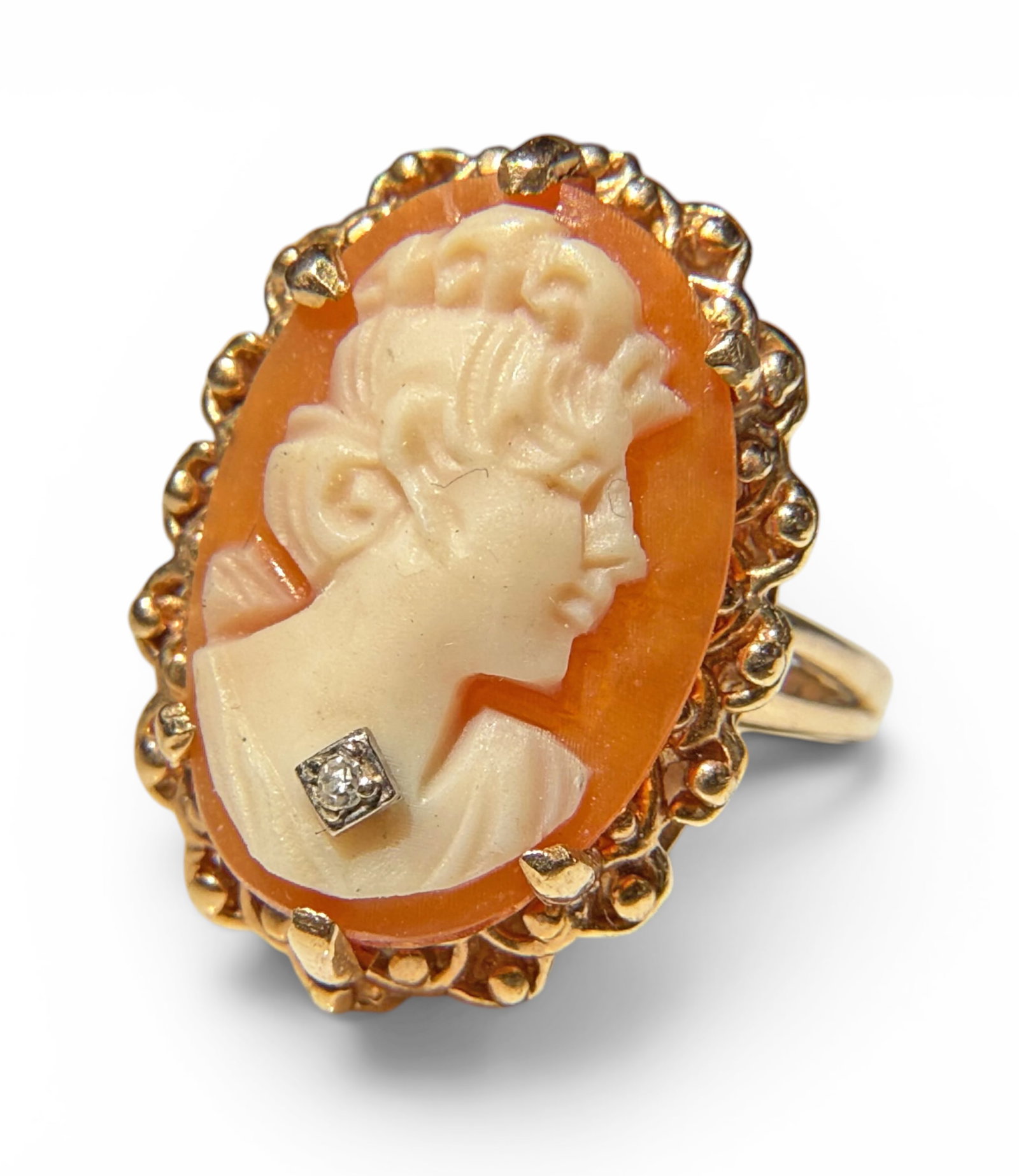 14K Gold Cameo Ring w/ Small Diamond, ESEMCO. (1 of 6)