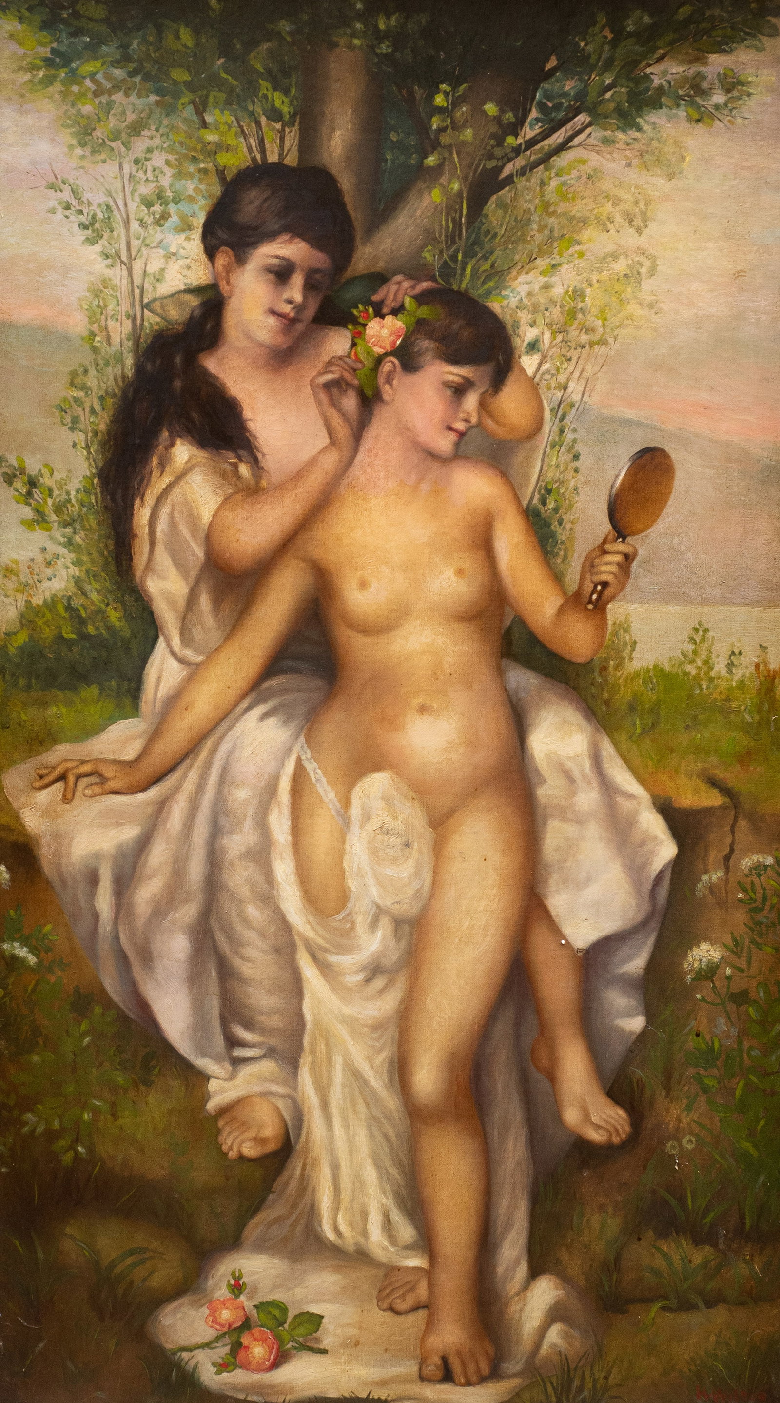 Bathing Women, Large Antique Painting, H. Wilson.: Artist(s): H. Wilson, 19th/20th century. Medium: Oil painting on canvas. Signature(s): Lower right. Paperwork/Provenance: N/A Condition: Inpainting present, most notably to the girls' faces. Signs of 