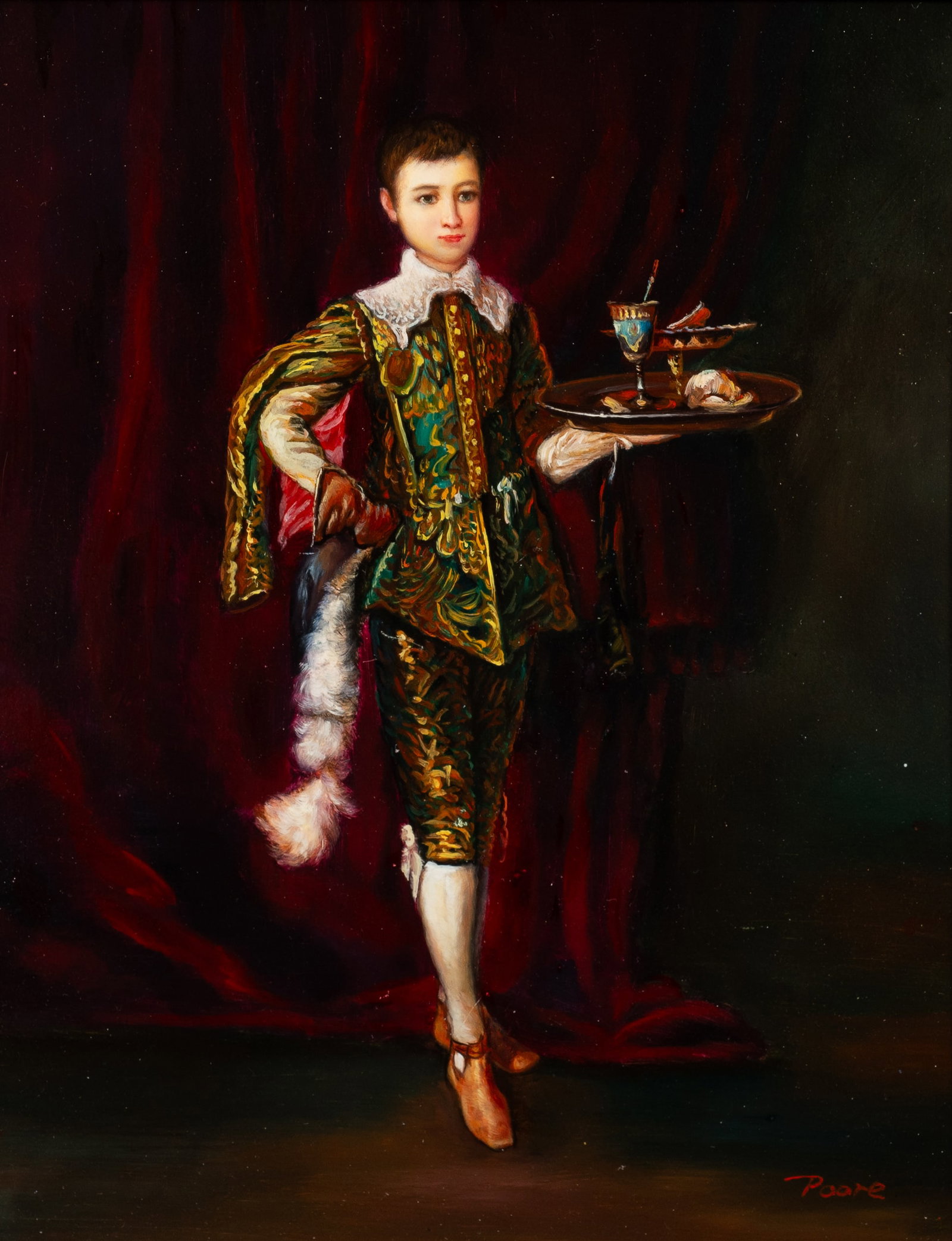 Decorative Painting of Page Boy Sgd. Poore.: Artist(s): Unknown, 20th/21st century. Medium: Oil painting on panel. Signature(s): "Poore", lower right. Paperwork/Provenance: N/A Condition: Was recently varnished with a UVS gloss, as mentioned by 