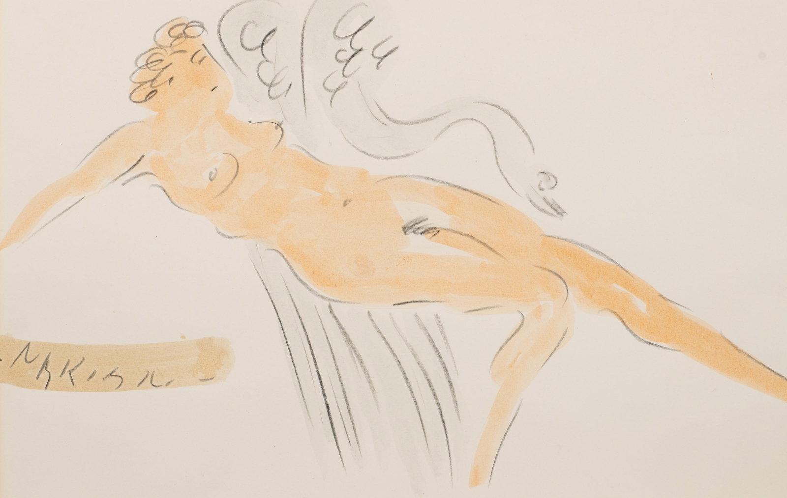 Mixed-Media Leda and the Swan, Reuben Nakian.: Artist(s): Reuben Nakian (American, 1897-1986). Medium: Mixed-media work. Signature(s): Lower left. Paperwork/Provenance: N/A Condition: Unframed. The piece has mat burn and a few flecks of discolorat