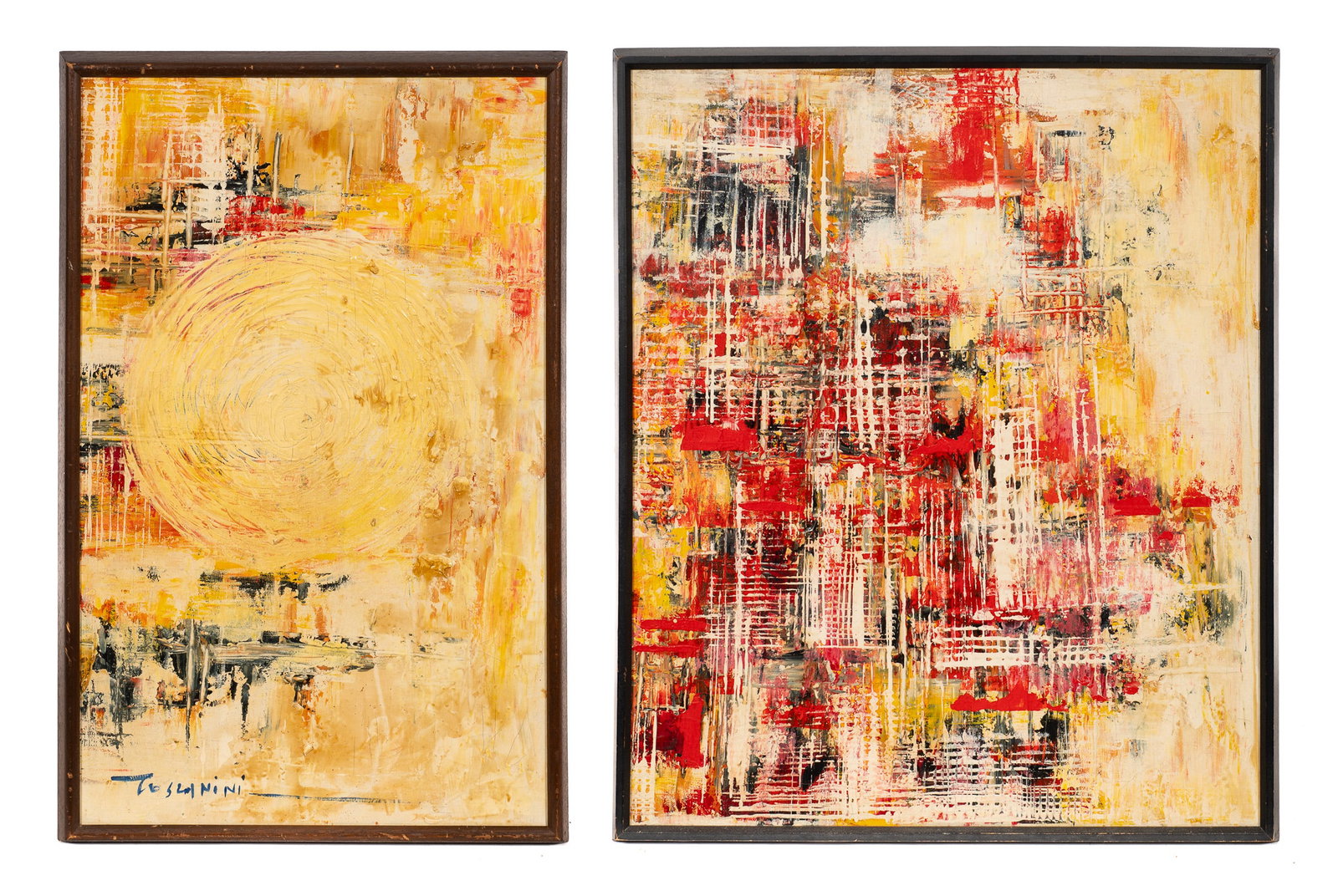 Mid-Century Abstract Paintings, Toscanini.: Artist(s): Unknown, 20th century. Medium: Oil paintings on canvas. Signature(s): Smaller one is signed "Toscanini", lower left. Paperwork/Provenance: N/A Condition: Craquelure to both. Measurement(s):
