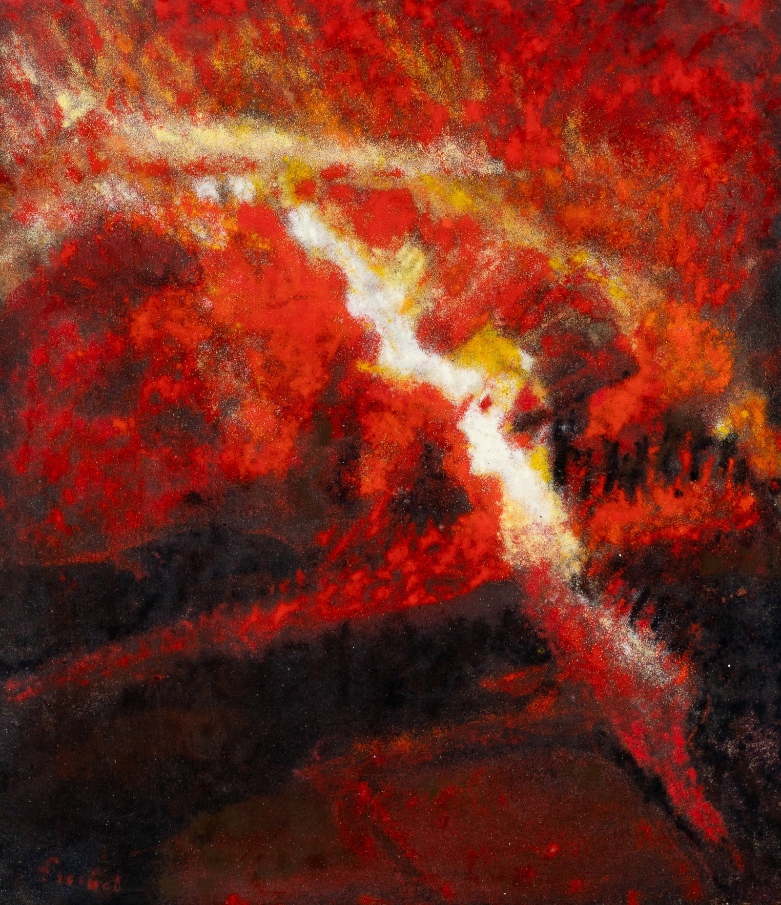 Abstract Enamel Painting by Molly Fischel.: Artist(s): Molly Fischel (American, 20th Century). Medium: Enamel painting on copper. Signature(s): Lower left. Paperwork/Provenance: N/A Condition: Two minor cracks to the center of the work. Scuffs 