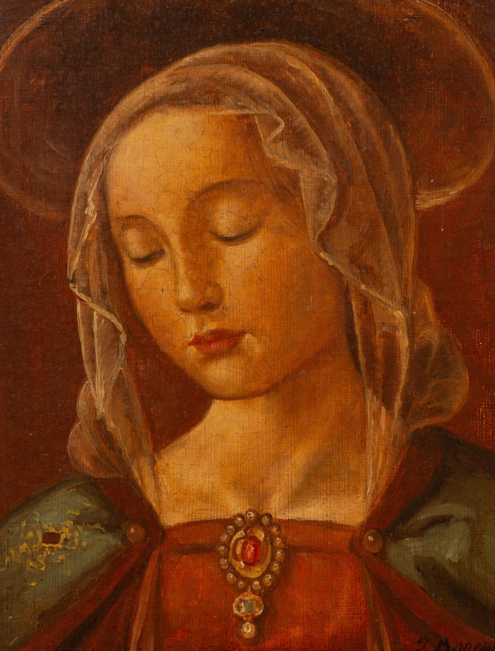 Madonna, Religious Painting Signed "Boneau". (1 of 5)