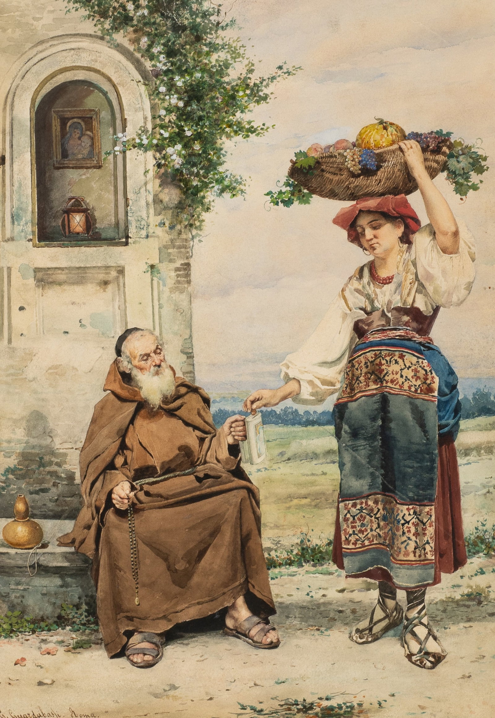 Antique Figural Watercolor, Guerrino Guardabassi.: Artist(s): Guerrino Guardabassi (Italian, 1841-1893). Title / Subject: Woman Giving Alms to Friar. Medium: Watercolor painting. Signature(s): Lower left. Paperwork/Provenance: N/A Condition: There is