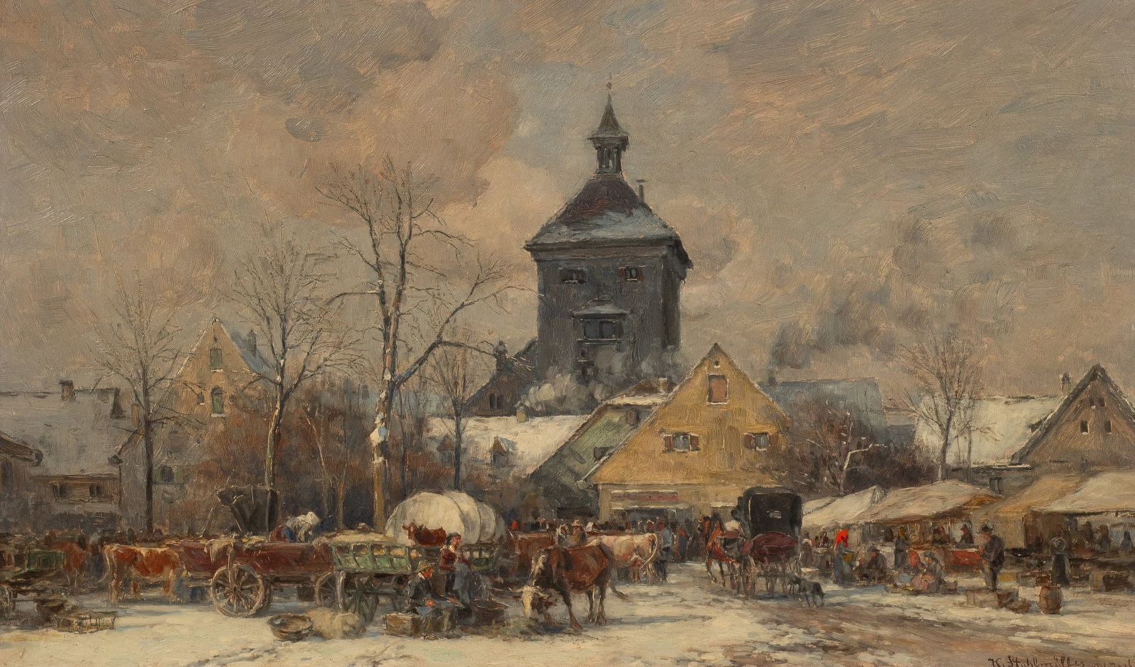 German Winter Market Painting, Karl Stuhlmuller.: Artist(s): Karl Stuhlmuller (German, 1858/59-1930). Medium: Oil painting on board. Signature(s): Lower right. Paperwork/Provenance: N/A Condition: Some discoloration to the outer margins, as well as